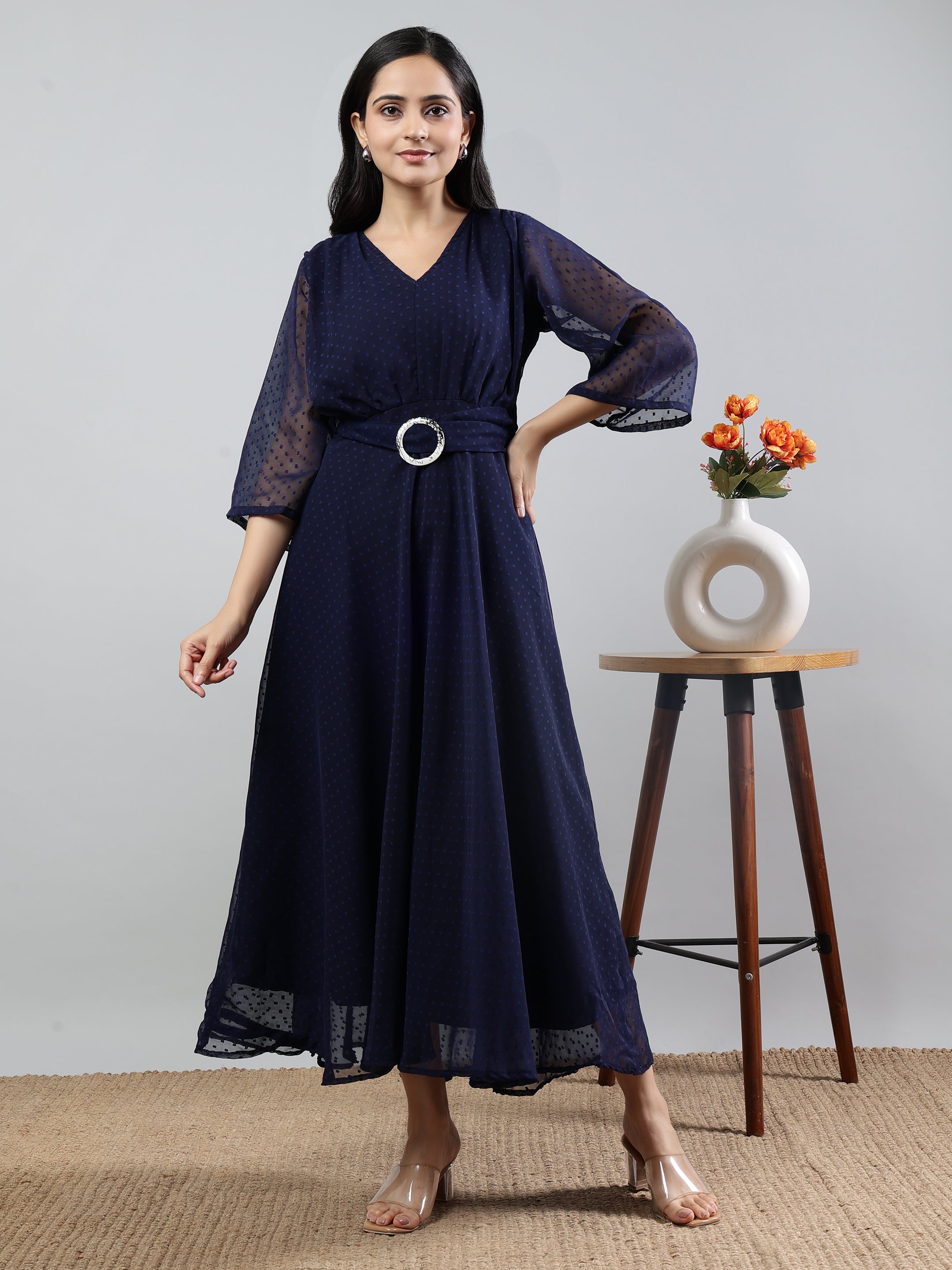Blue Solid V-Neck Three Quarter Sleeve Dress with Belt