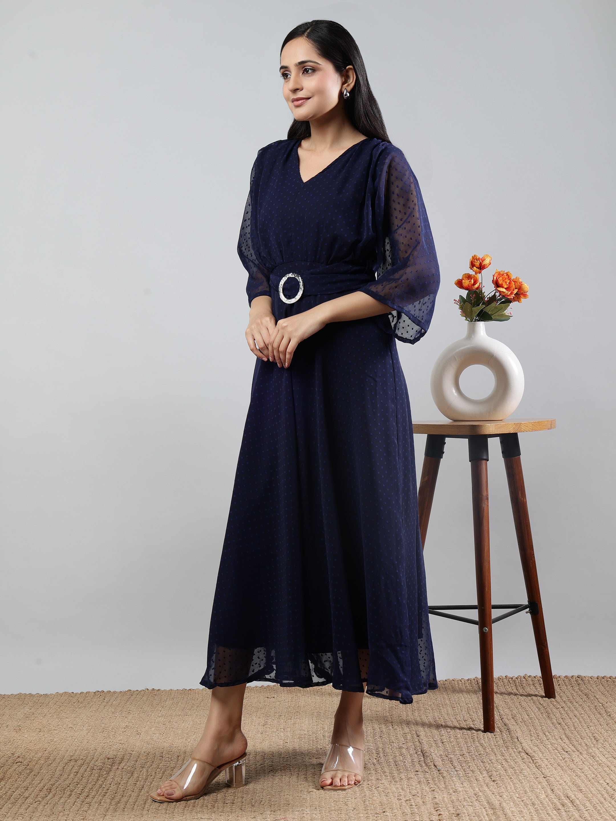 Blue Solid V-Neck Three Quarter Sleeve Dress with Belt