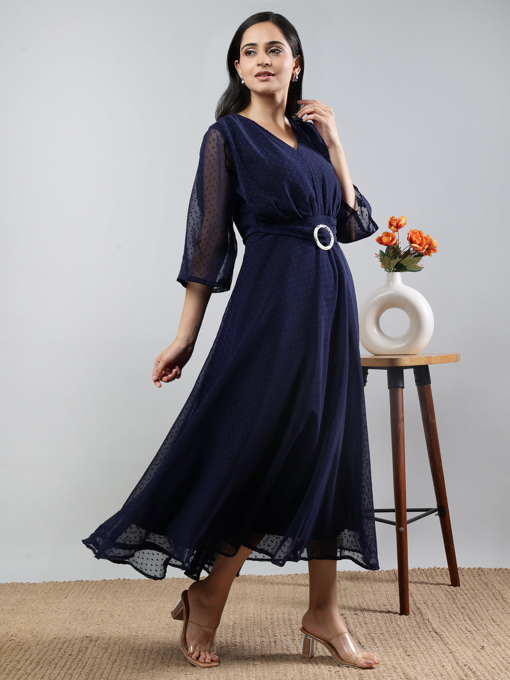 Blue Solid V-Neck Three Quarter Sleeve Dress with Belt