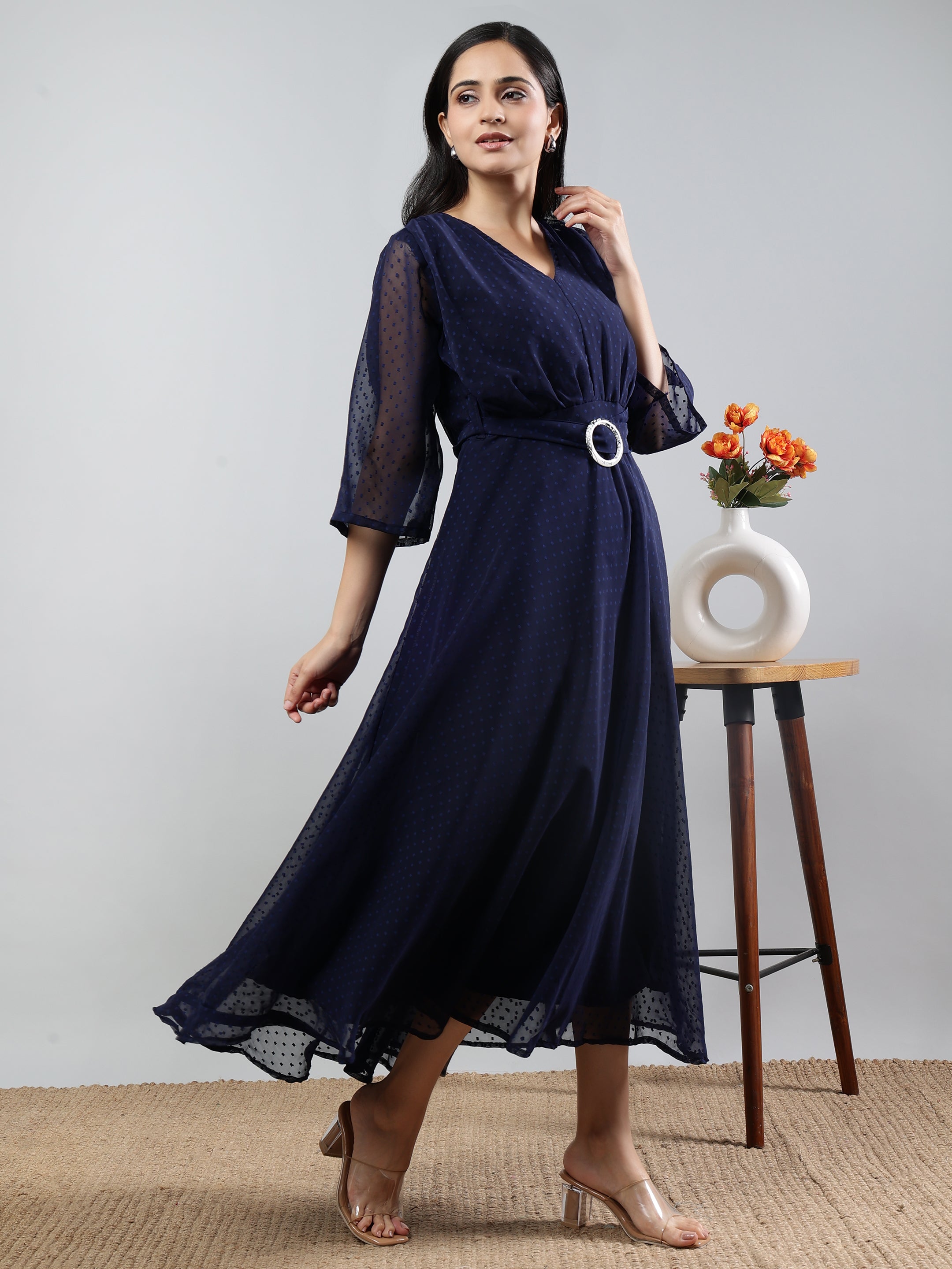 Blue Solid V-Neck Three Quarter Sleeve Dress with Belt