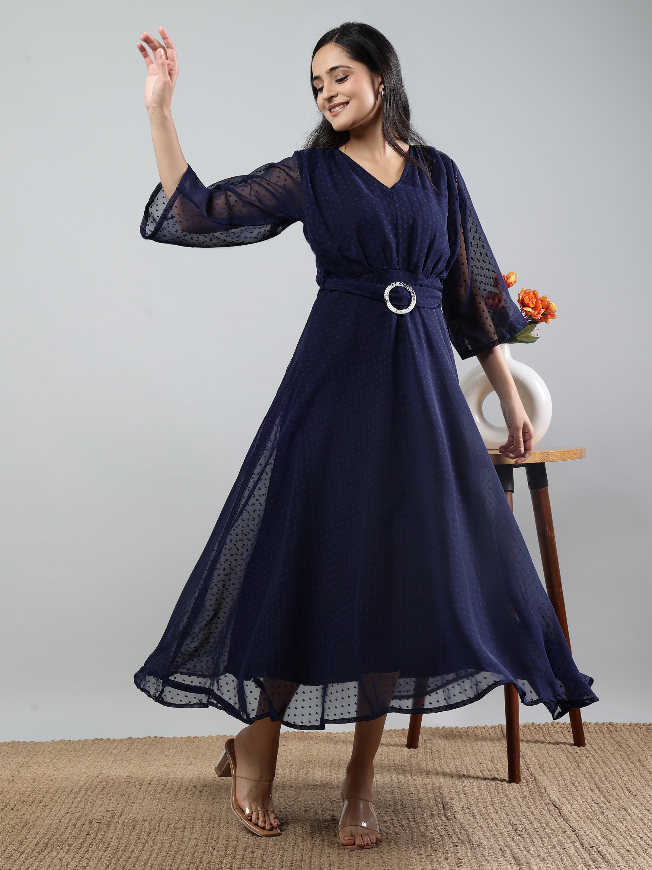 Blue Solid V-Neck Three Quarter Sleeve Dress with Belt Blue Polyester