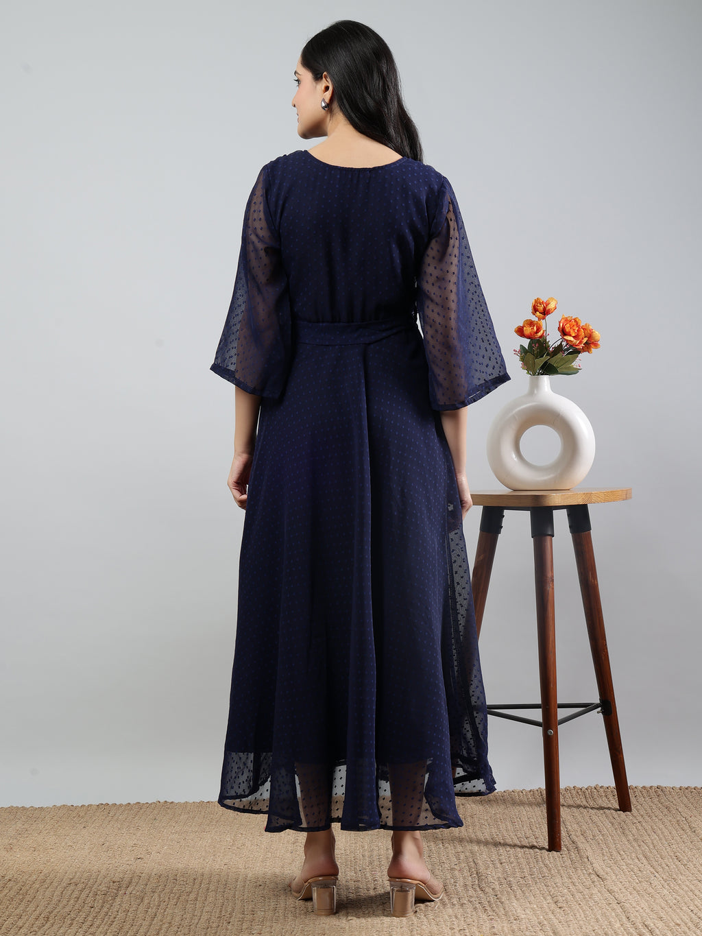 Blue Solid V-Neck Three Quarter Sleeve Dress with Belt