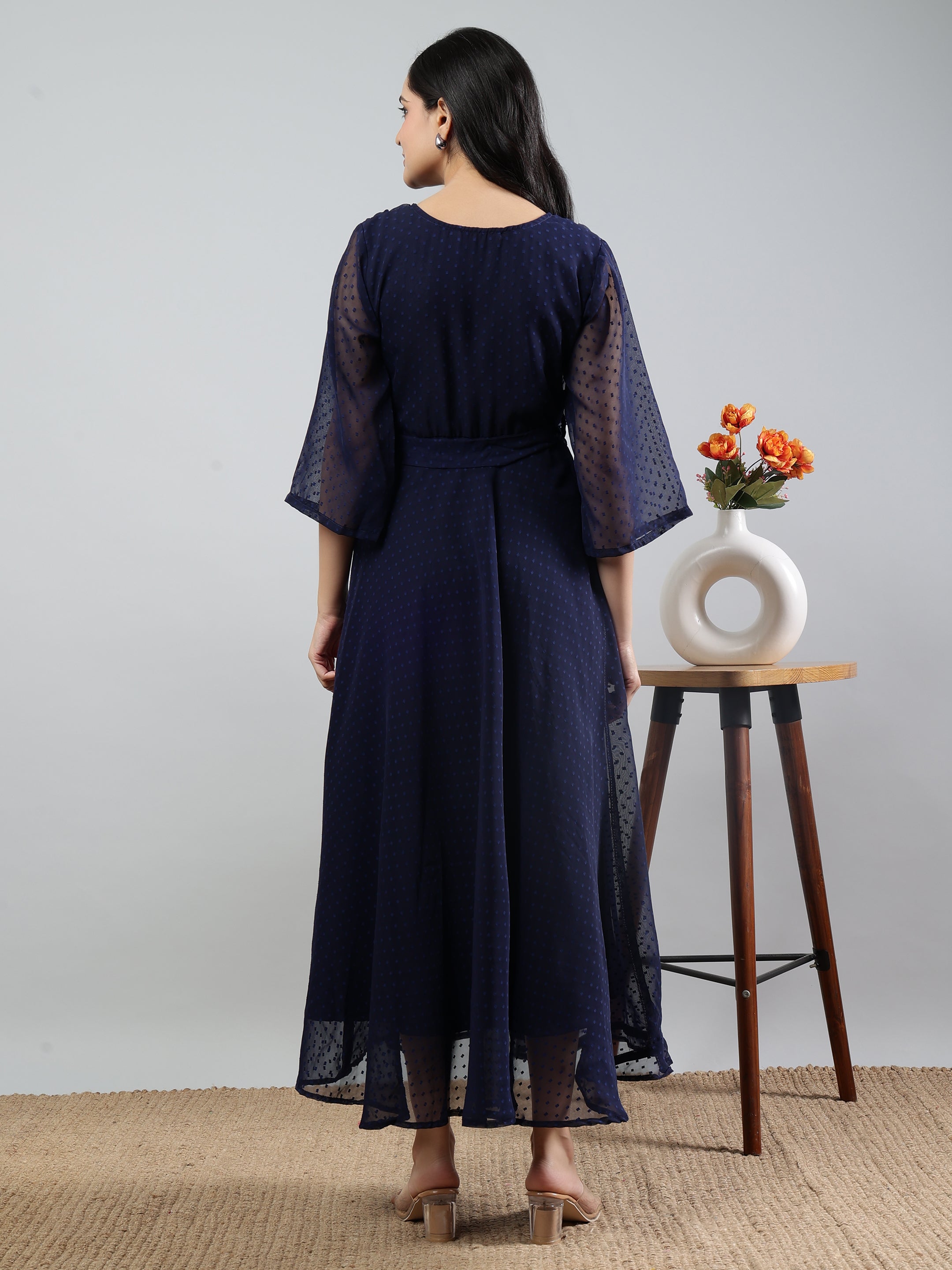 Blue Solid V-Neck Three Quarter Sleeve Dress with Belt