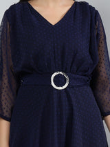 Blue Solid V-Neck Three Quarter Sleeve Dress with Belt