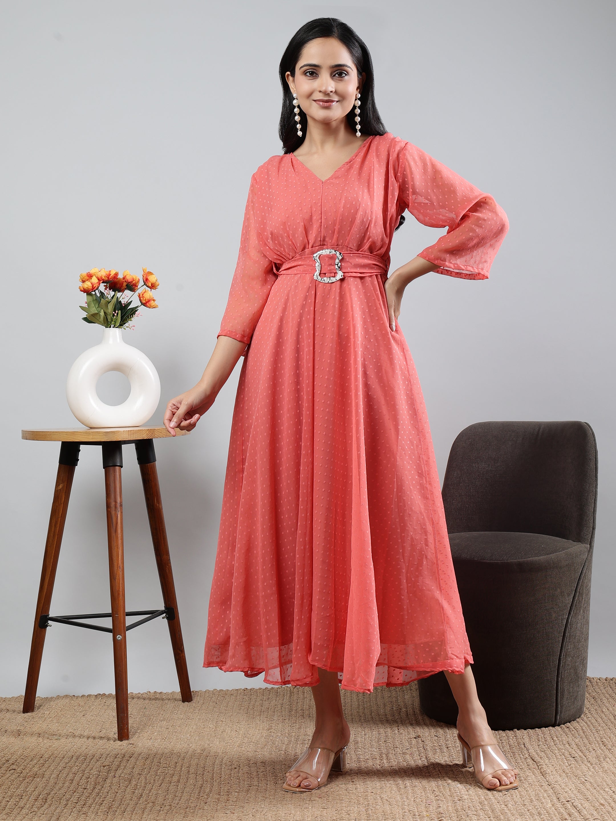 Coral Solid V-Neck Three Quarter Sleeve Dress With Belt
