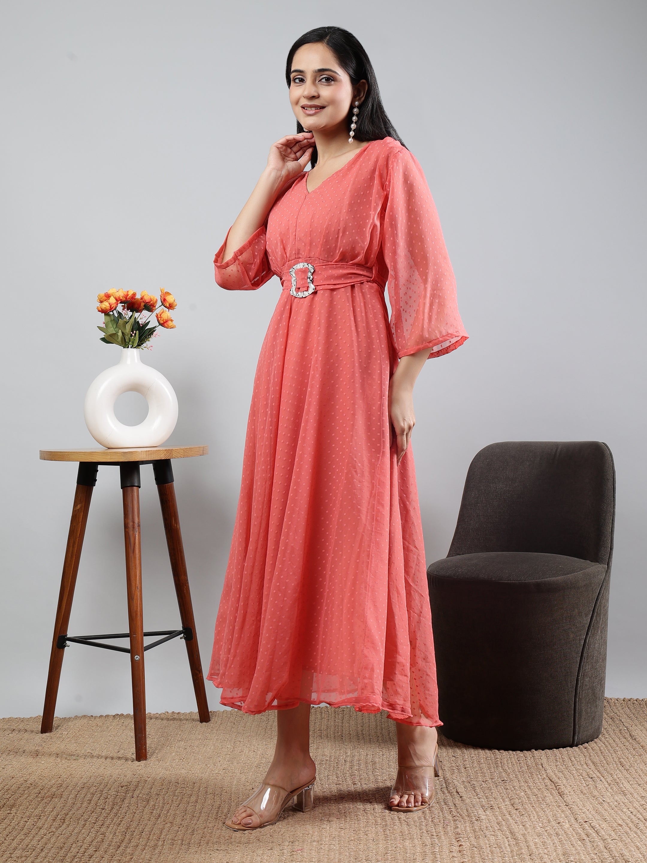 Coral Solid V-Neck Three Quarter Sleeve Dress With Belt