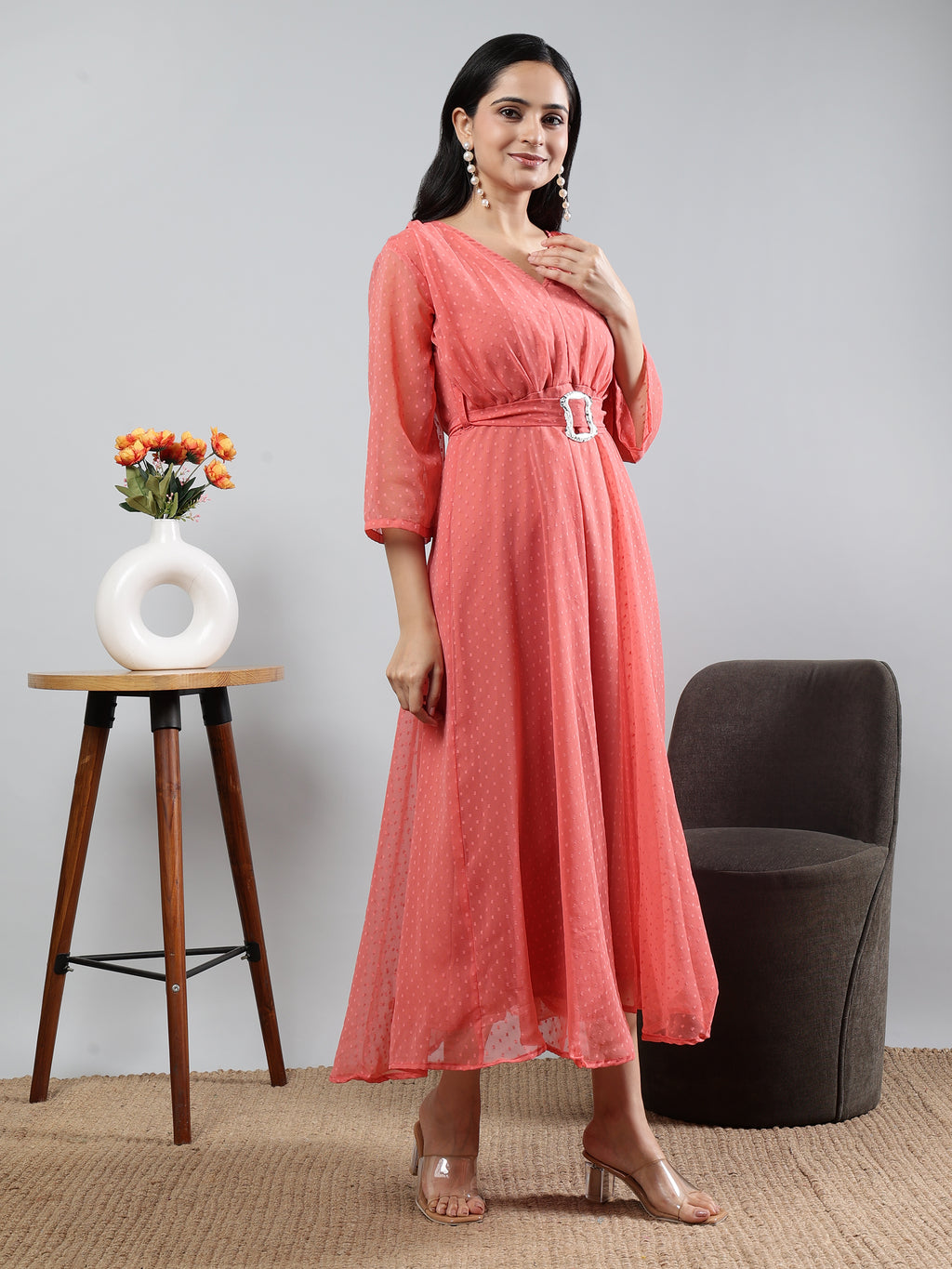Coral Solid V-Neck Three Quarter Sleeve Dress With Belt