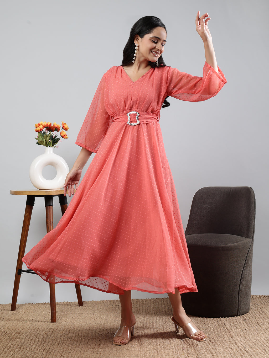 Coral Solid V-Neck Three Quarter Sleeve Dress With Belt Pink Polyester