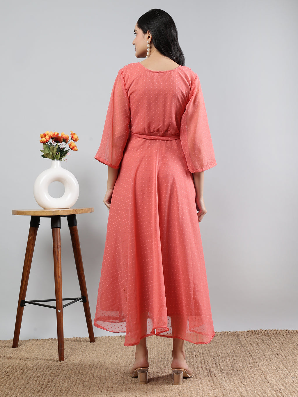 Coral Solid V-Neck Three Quarter Sleeve Dress With Belt