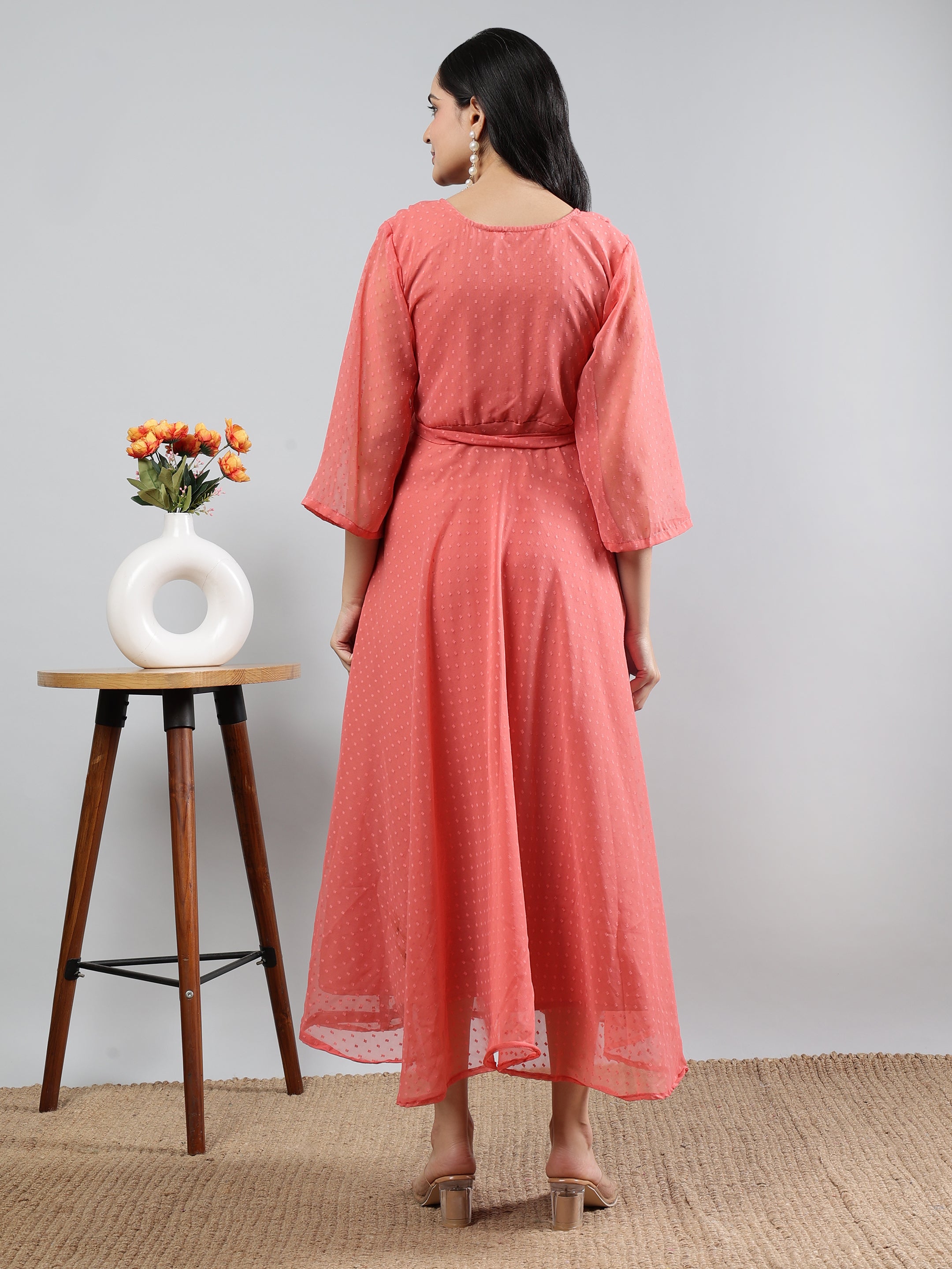 Coral Solid V-Neck Three Quarter Sleeve Dress With Belt