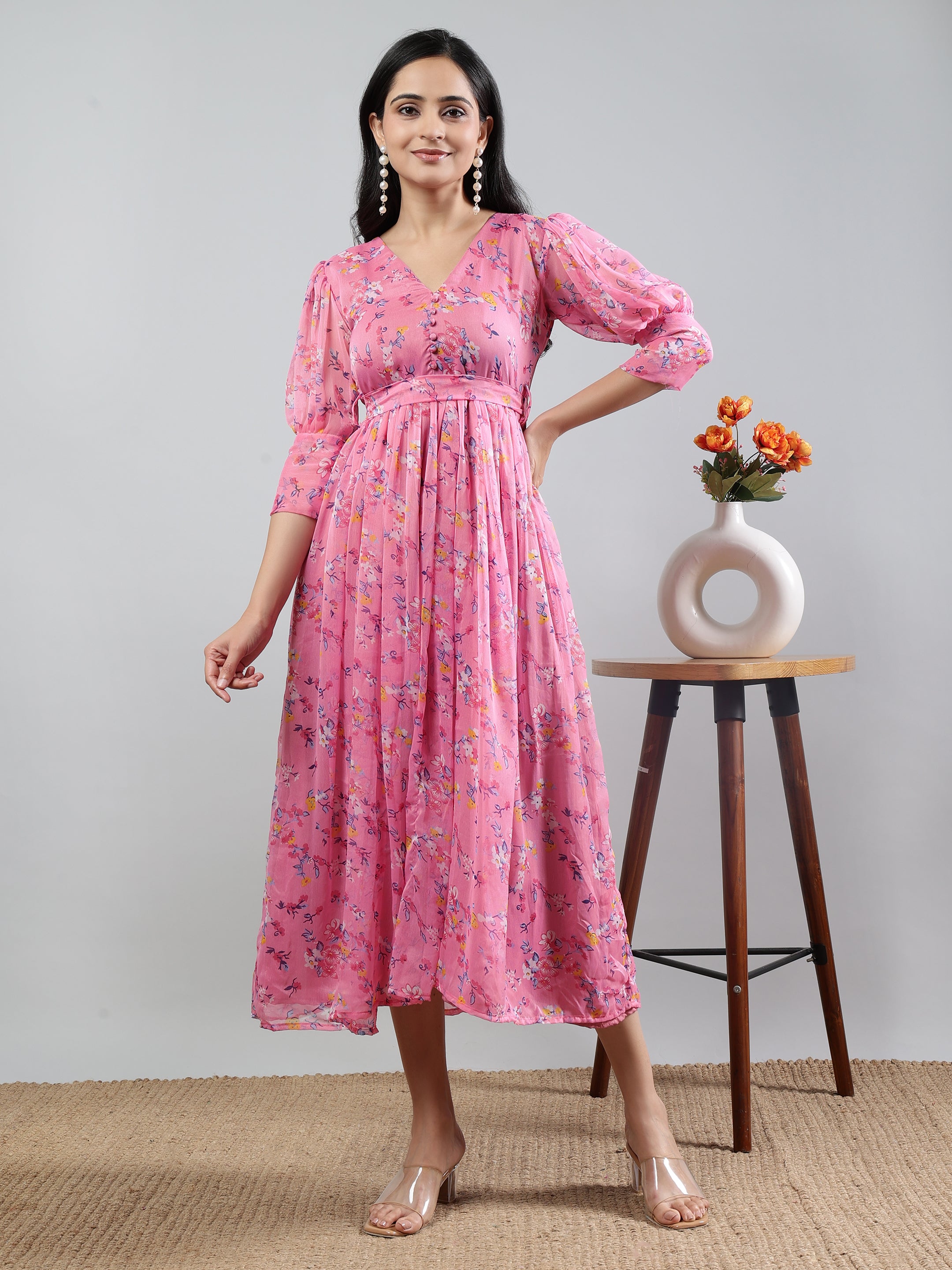 Pink Printed V-Neck Three Quarter Sleeve Dress with Belt