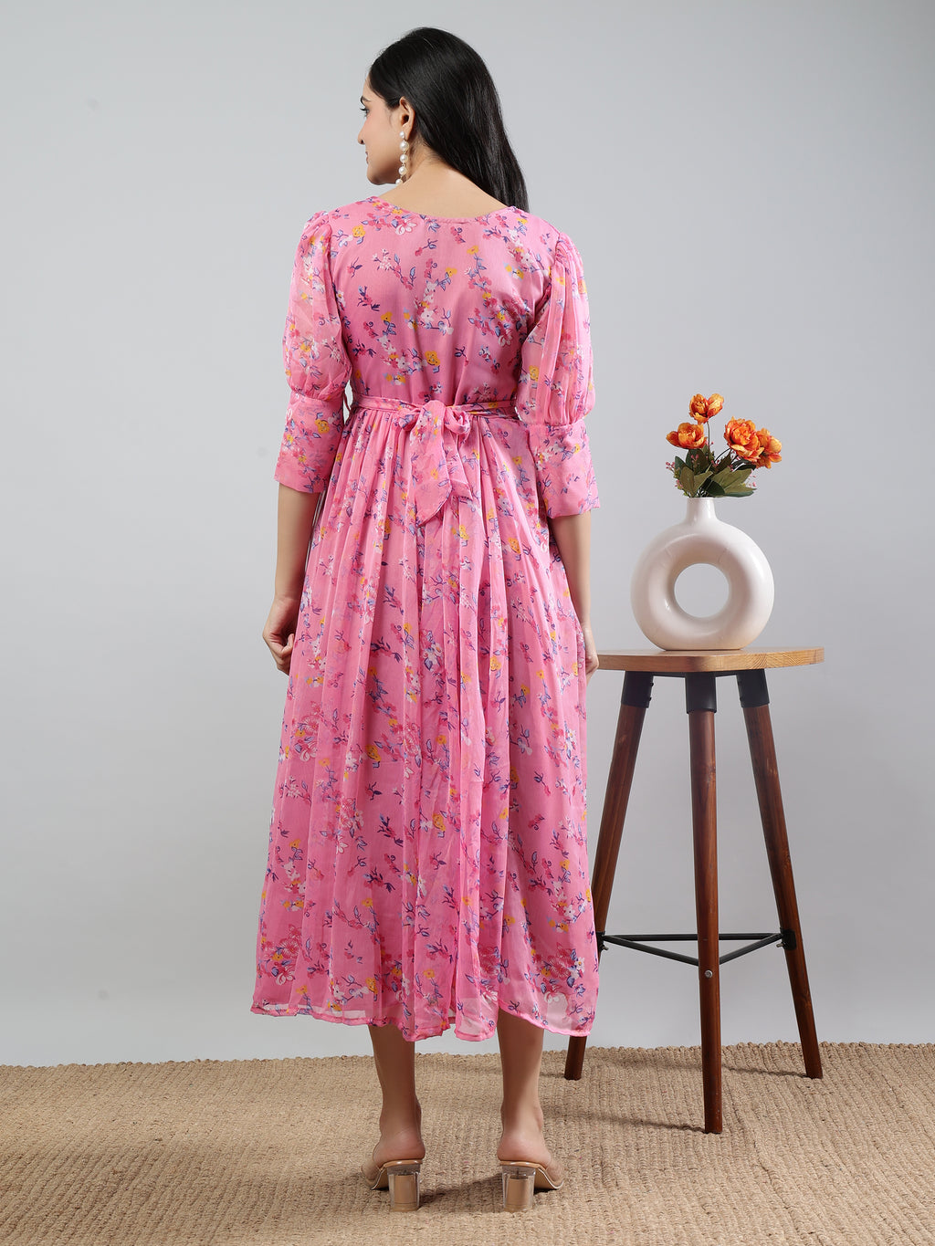 Pink Printed V-Neck Three Quarter Sleeve Dress with Belt
