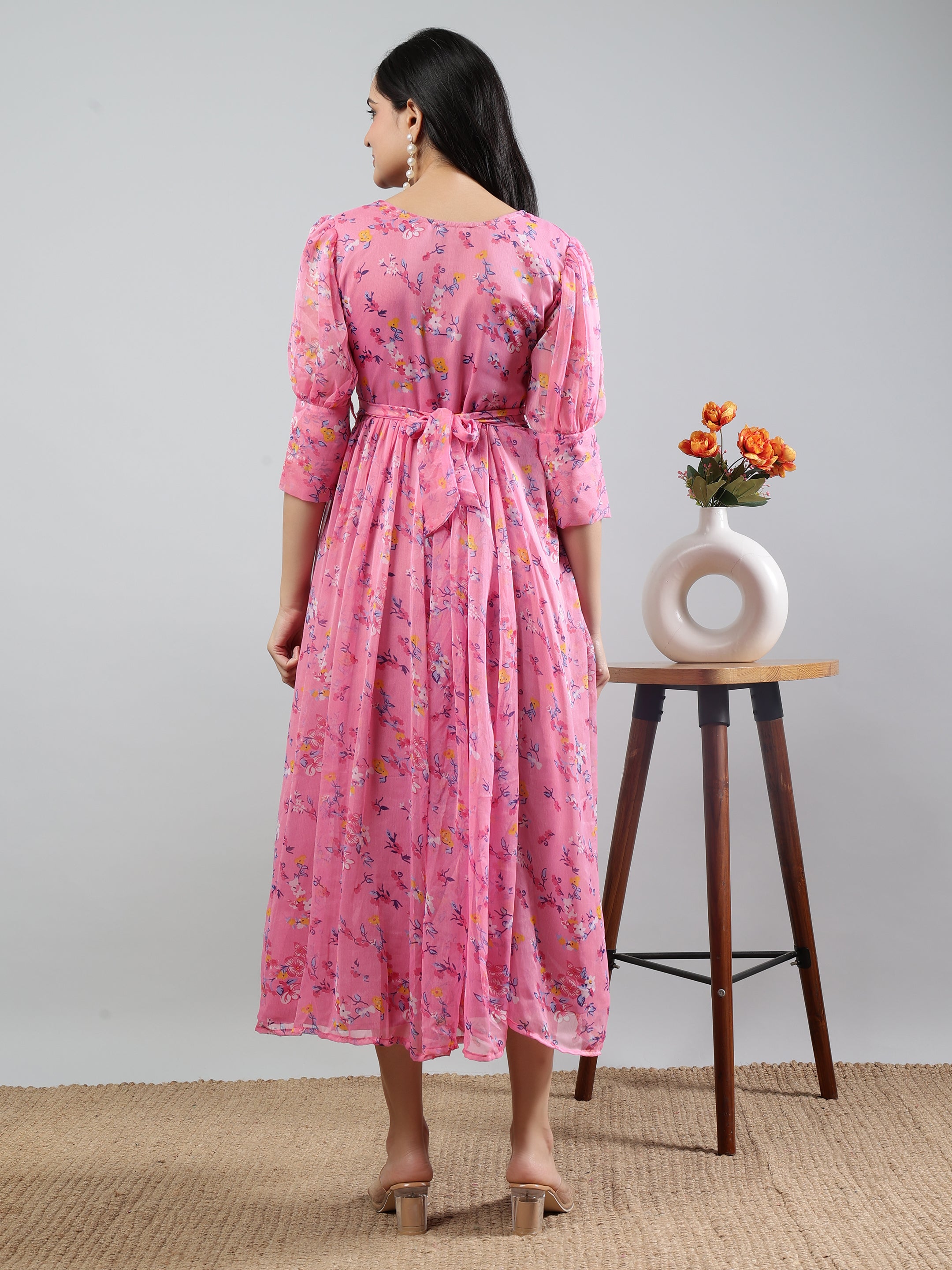 Pink Printed V-Neck Three Quarter Sleeve Dress with Belt