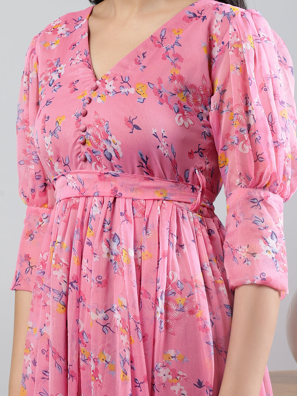 Pink Printed V-Neck Three Quarter Sleeve Dress with Belt