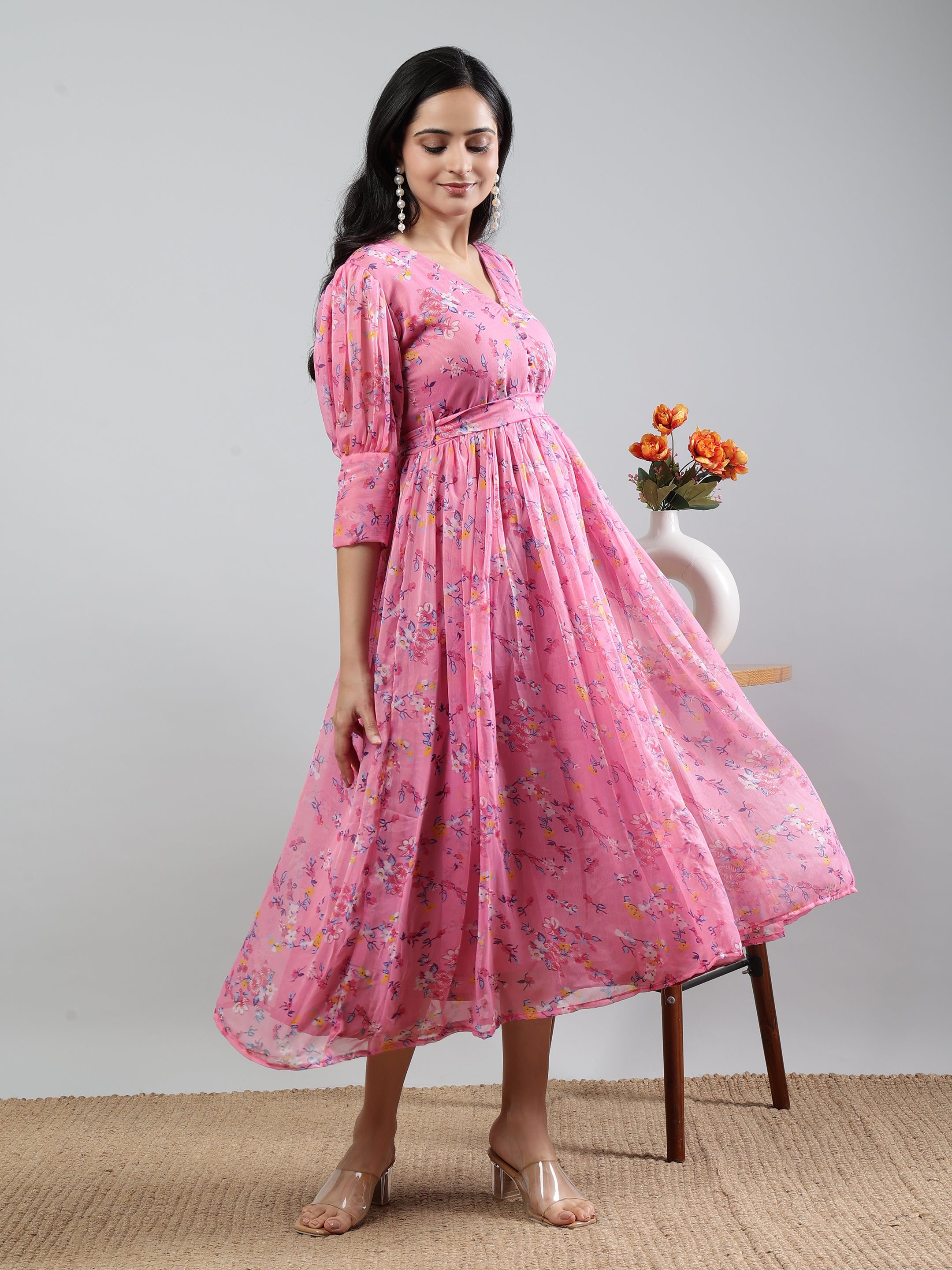 Pink Printed V-Neck Three Quarter Sleeve Dress with Belt