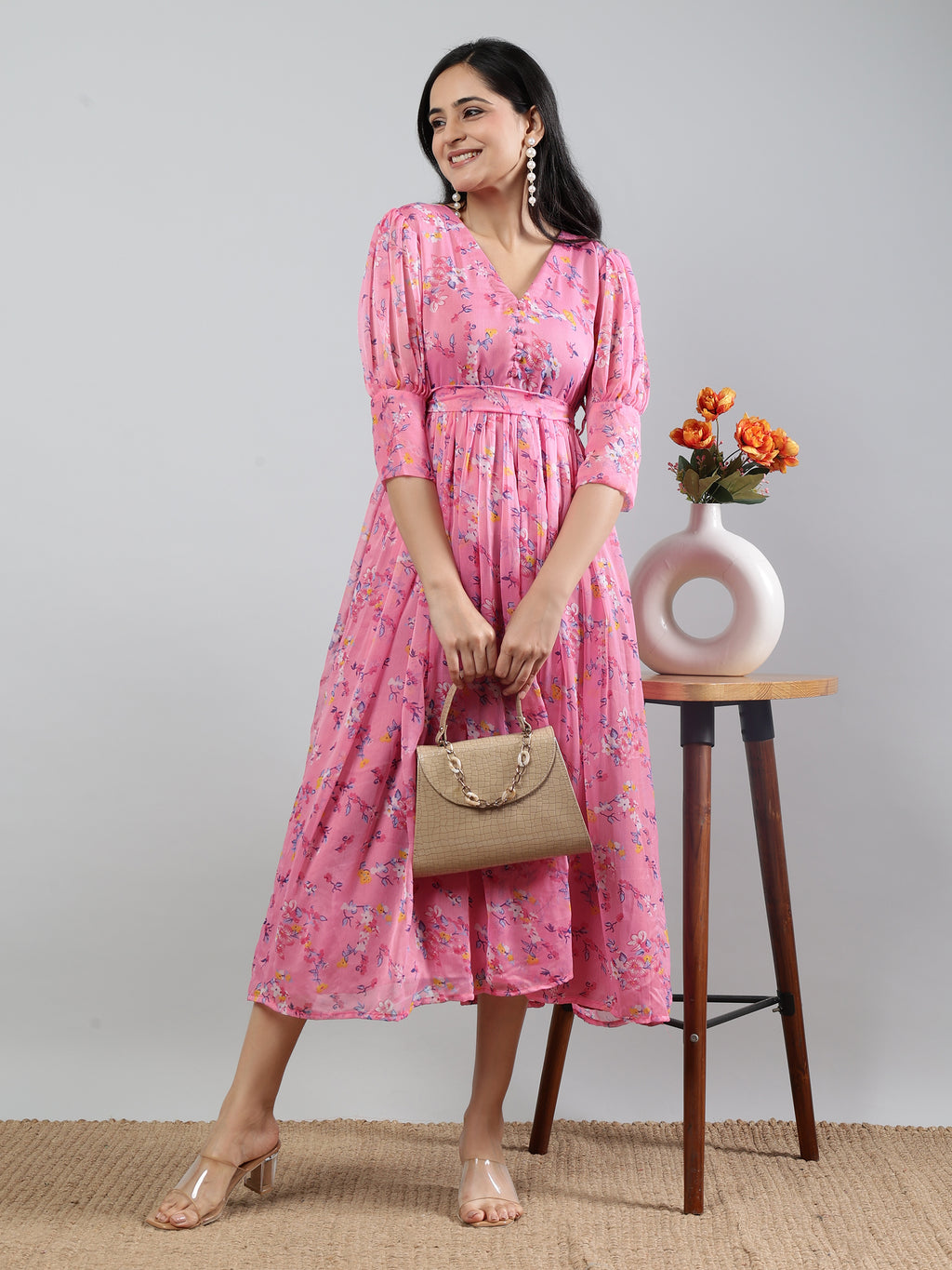 Pink Printed V-Neck Three Quarter Sleeve Dress with Belt