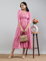 Pink Printed V-Neck Three Quarter Sleeve Dress with Belt
