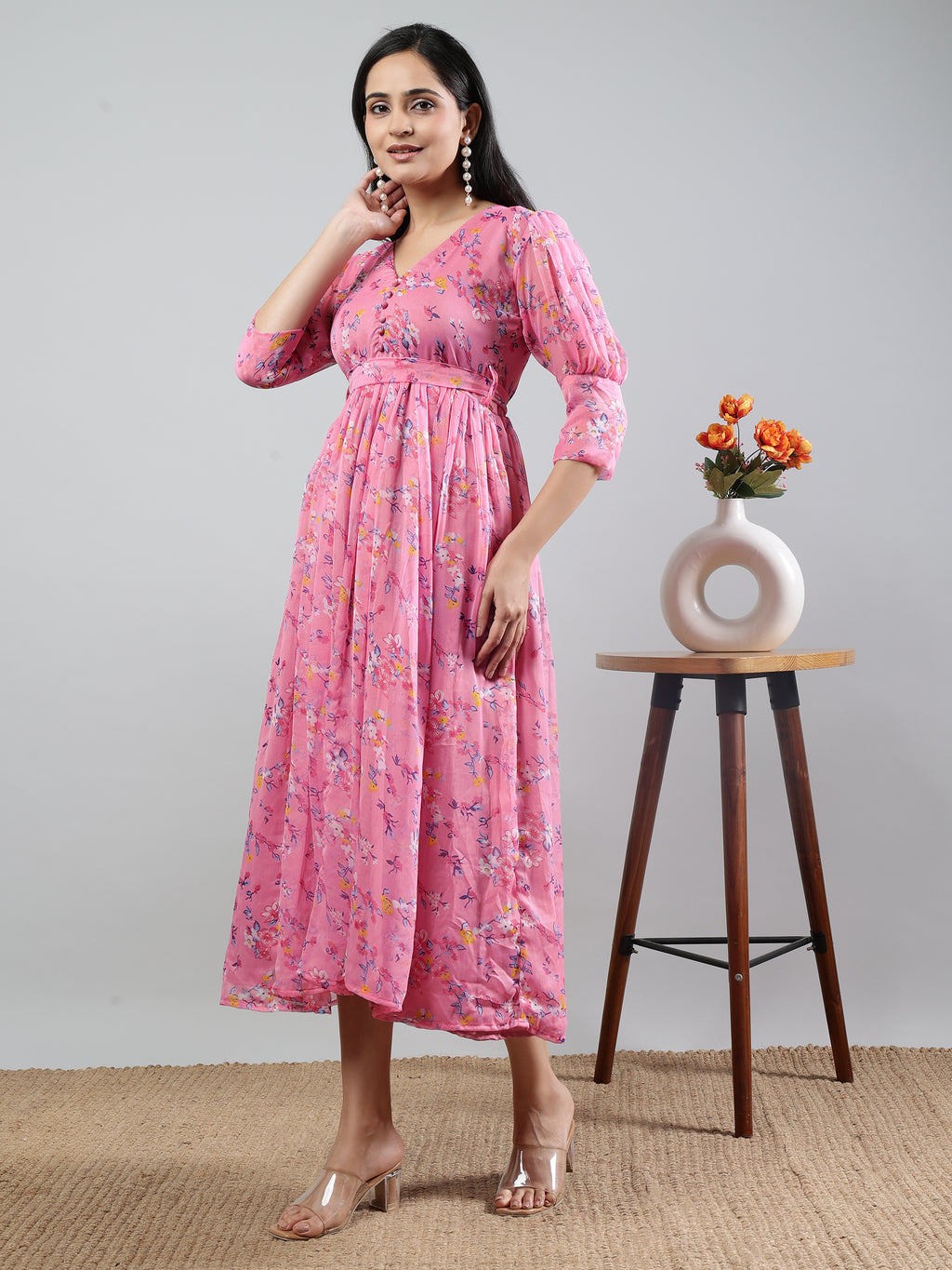 Pink Printed V-Neck Three Quarter Sleeve Dress with Belt