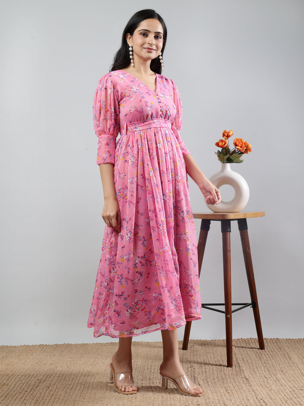Pink Printed V-Neck Three Quarter Sleeve Dress with Belt