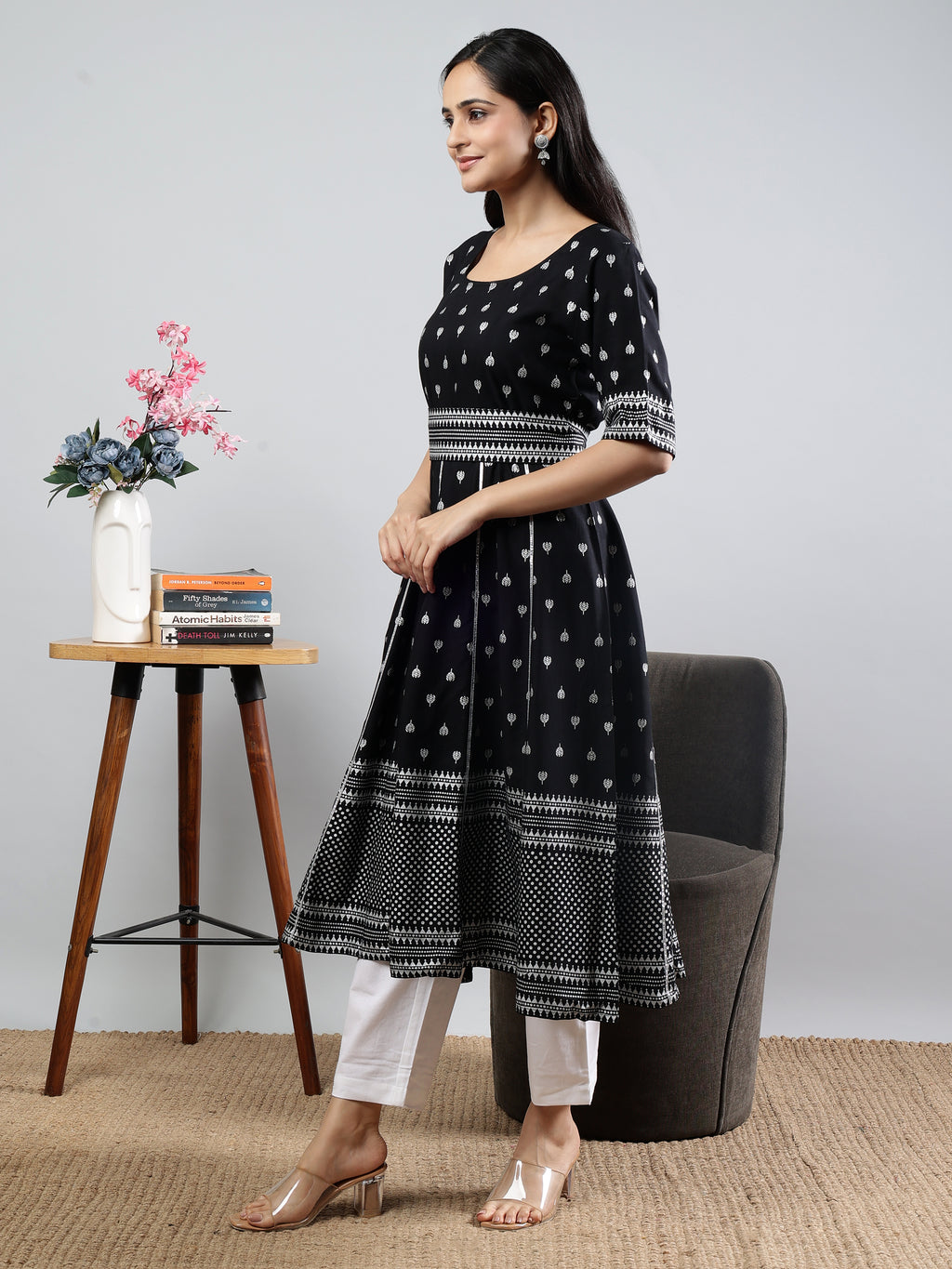 Black Printed Fit and Flare Kurta with Elbow Sleeves