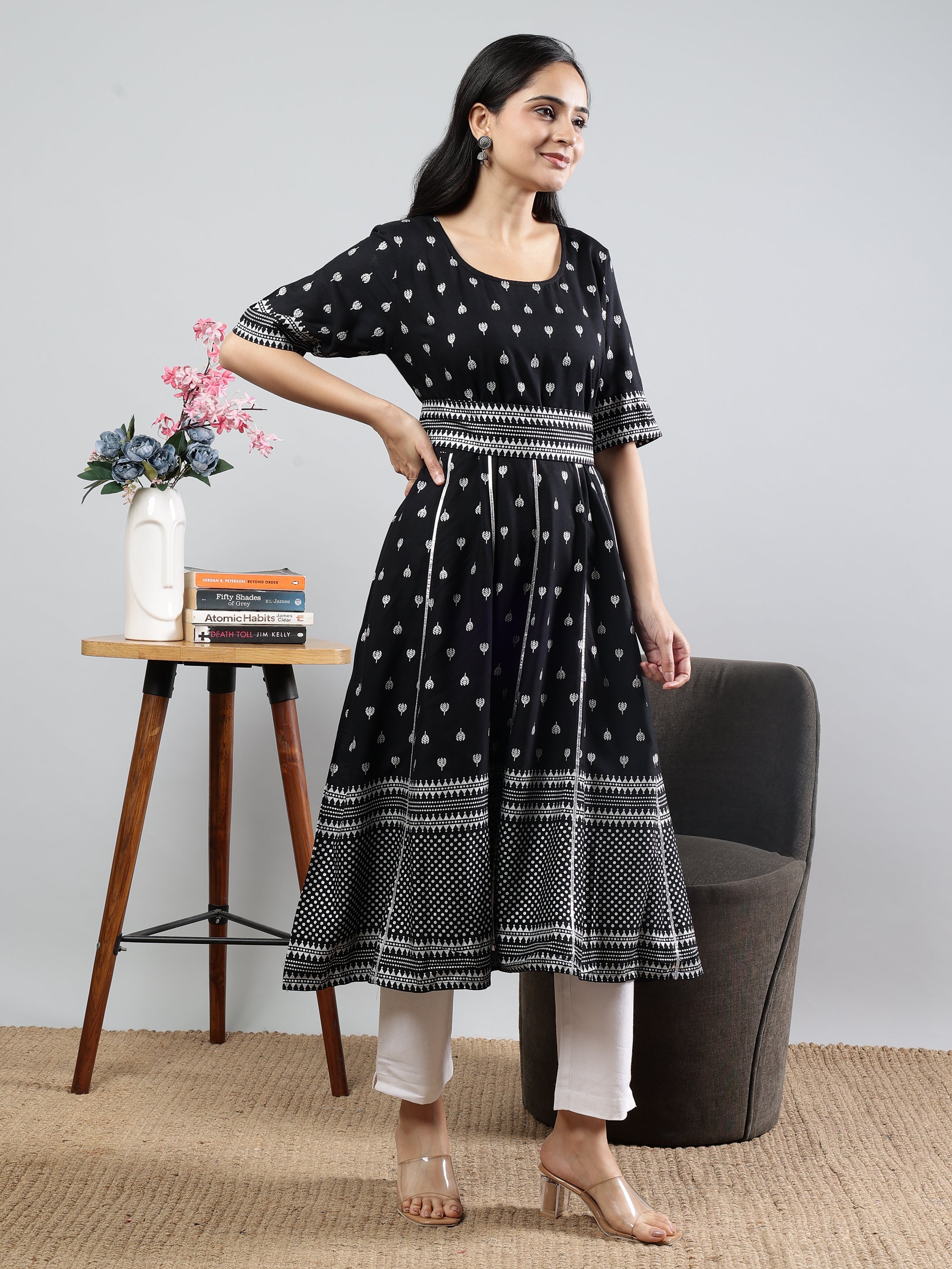 Black Printed Fit and Flare Kurta with Elbow Sleeves