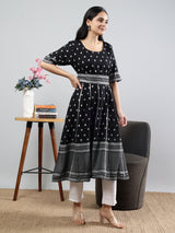 Black Printed Fit and Flare Kurta with Elbow Sleeves