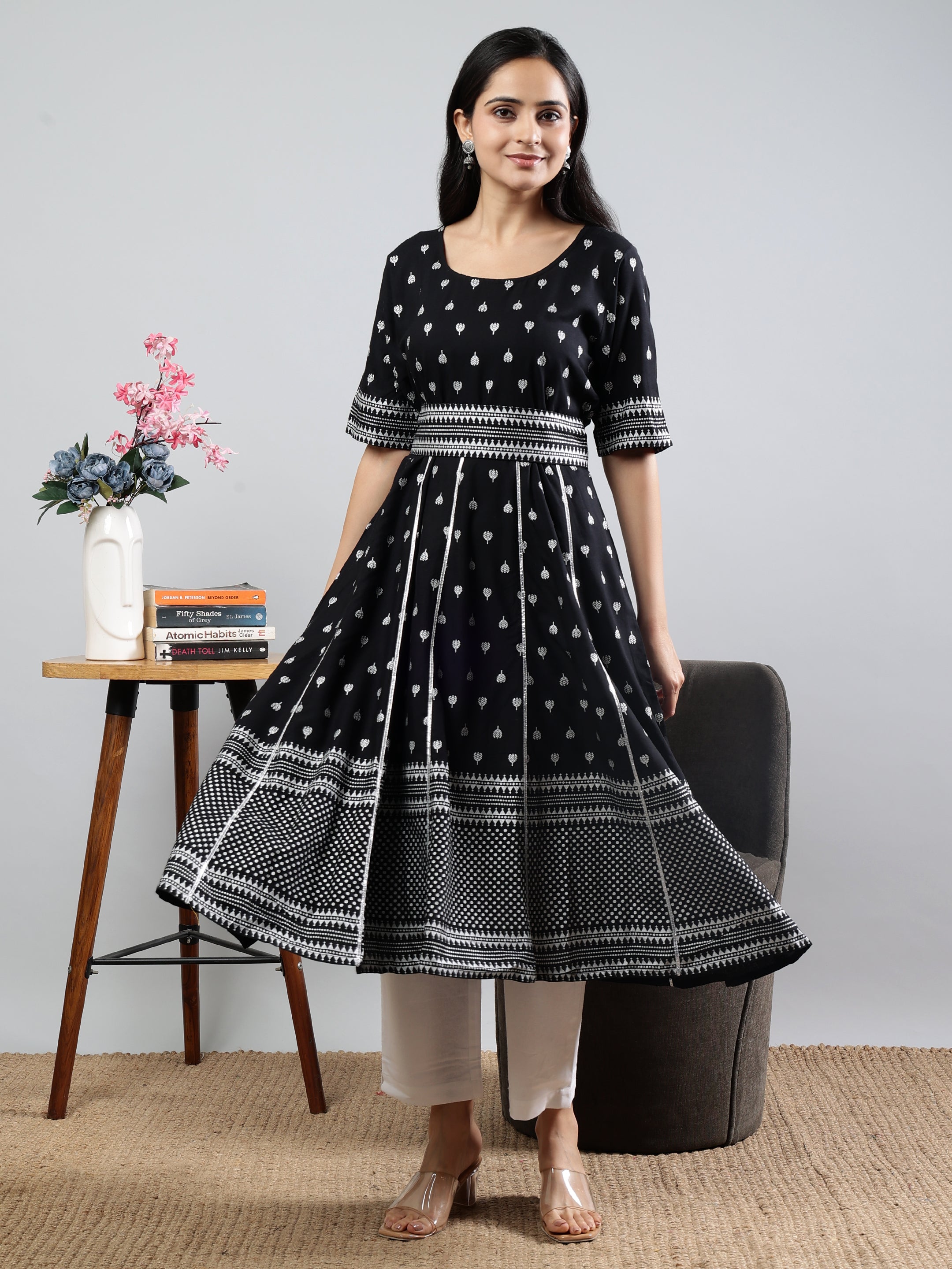 Black Printed Fit and Flare Kurta with Elbow Sleeves Black Rayon