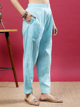 Sky Blue Printed Rayon Kurta Set with Striped Pants