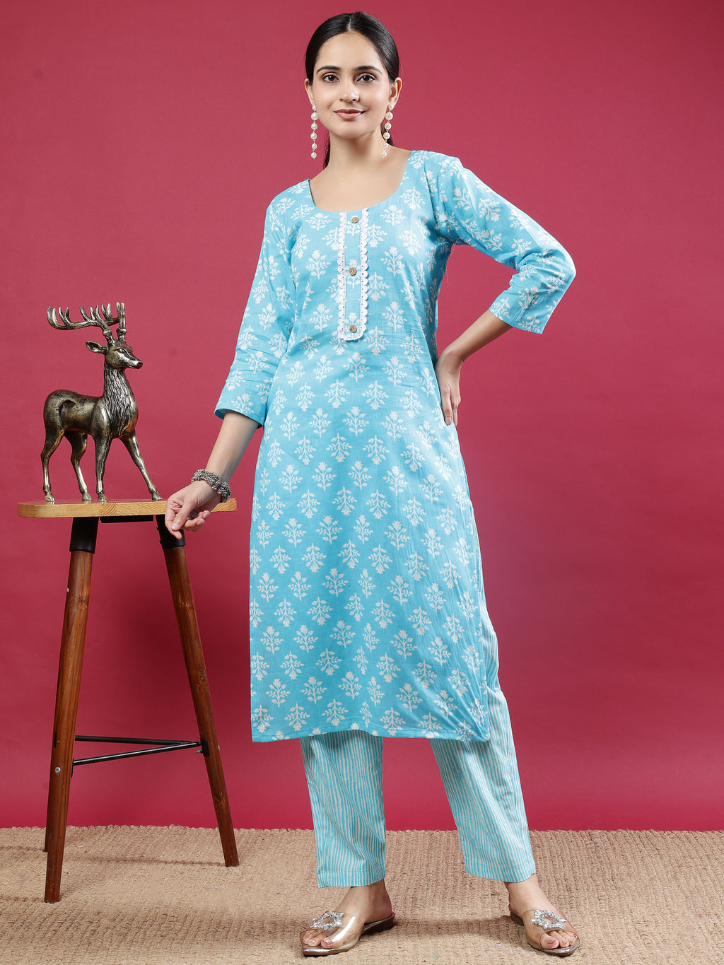 Sky Blue Printed Rayon Kurta Set with Striped Pants Blue Rayon
