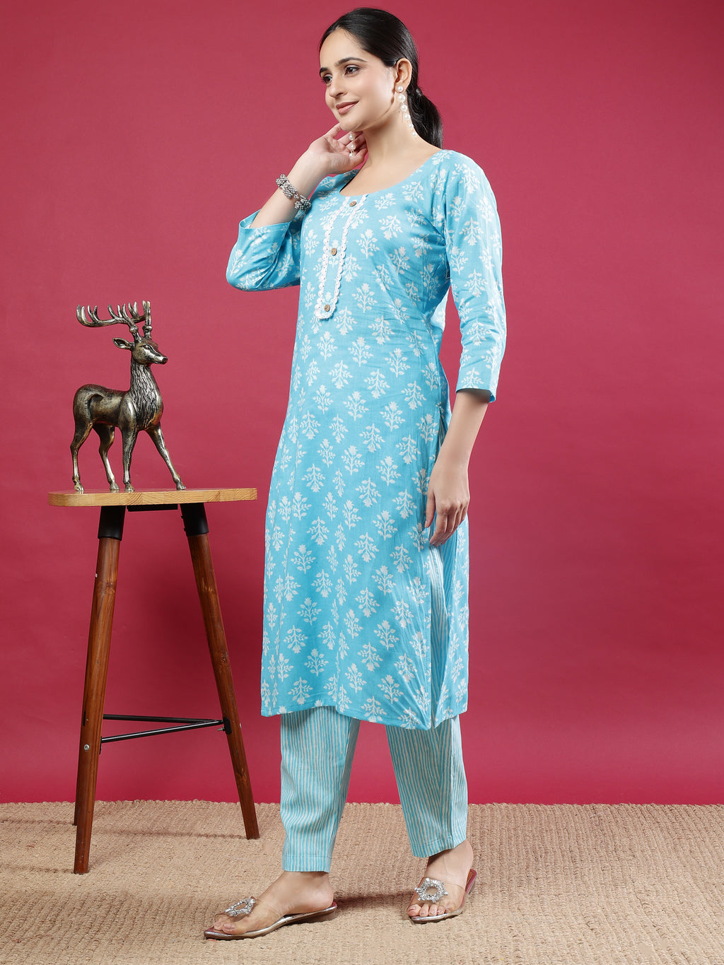 Sky Blue Printed Rayon Kurta Set with Striped Pants