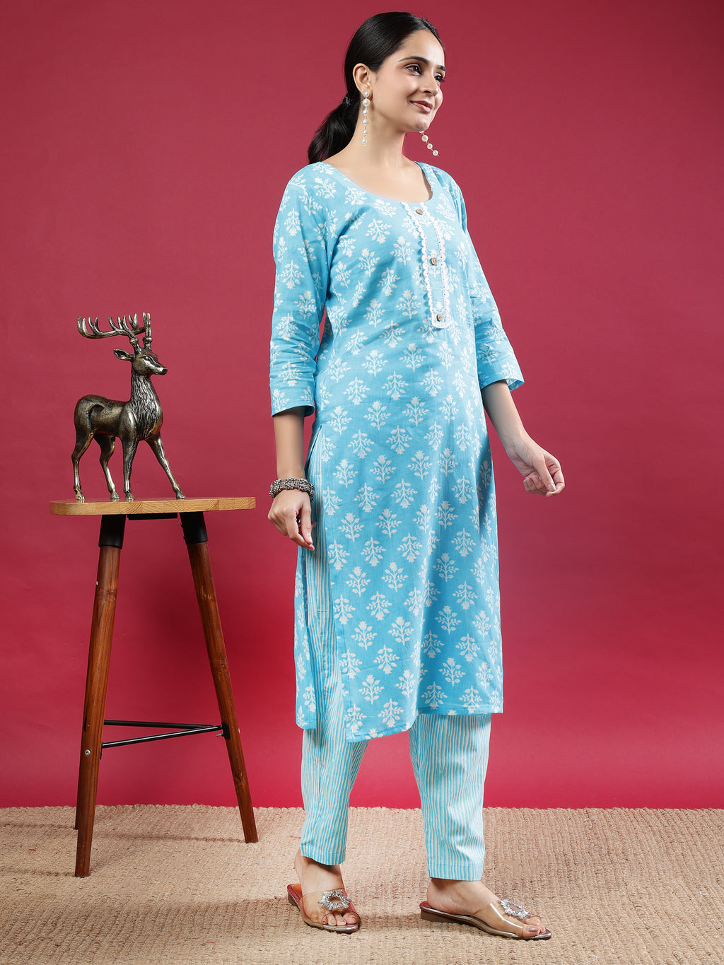 Sky Blue Printed Rayon Kurta Set with Striped Pants