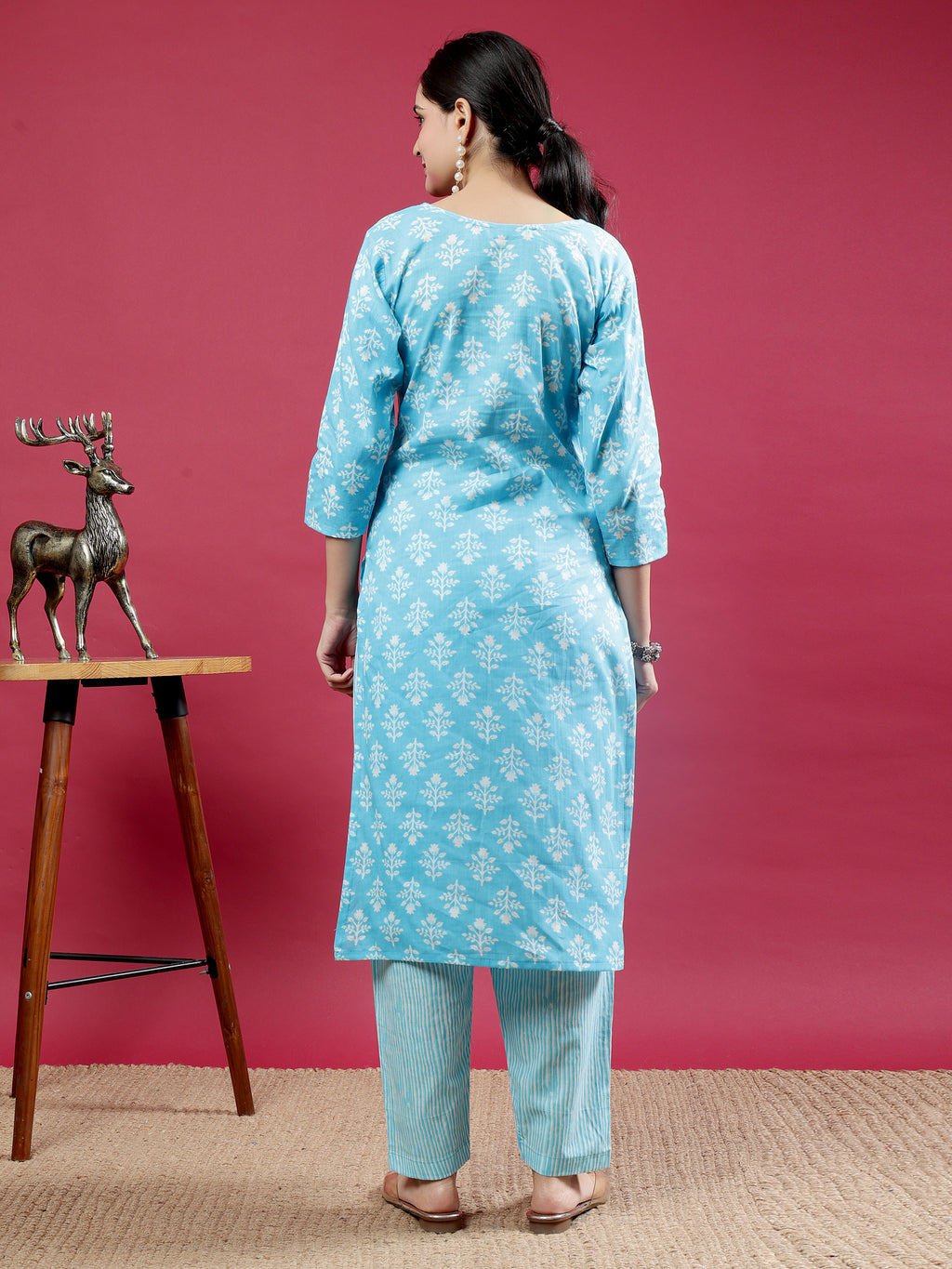 Sky Blue Printed Rayon Kurta Set with Striped Pants