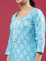 Sky Blue Printed Rayon Kurta Set with Striped Pants
