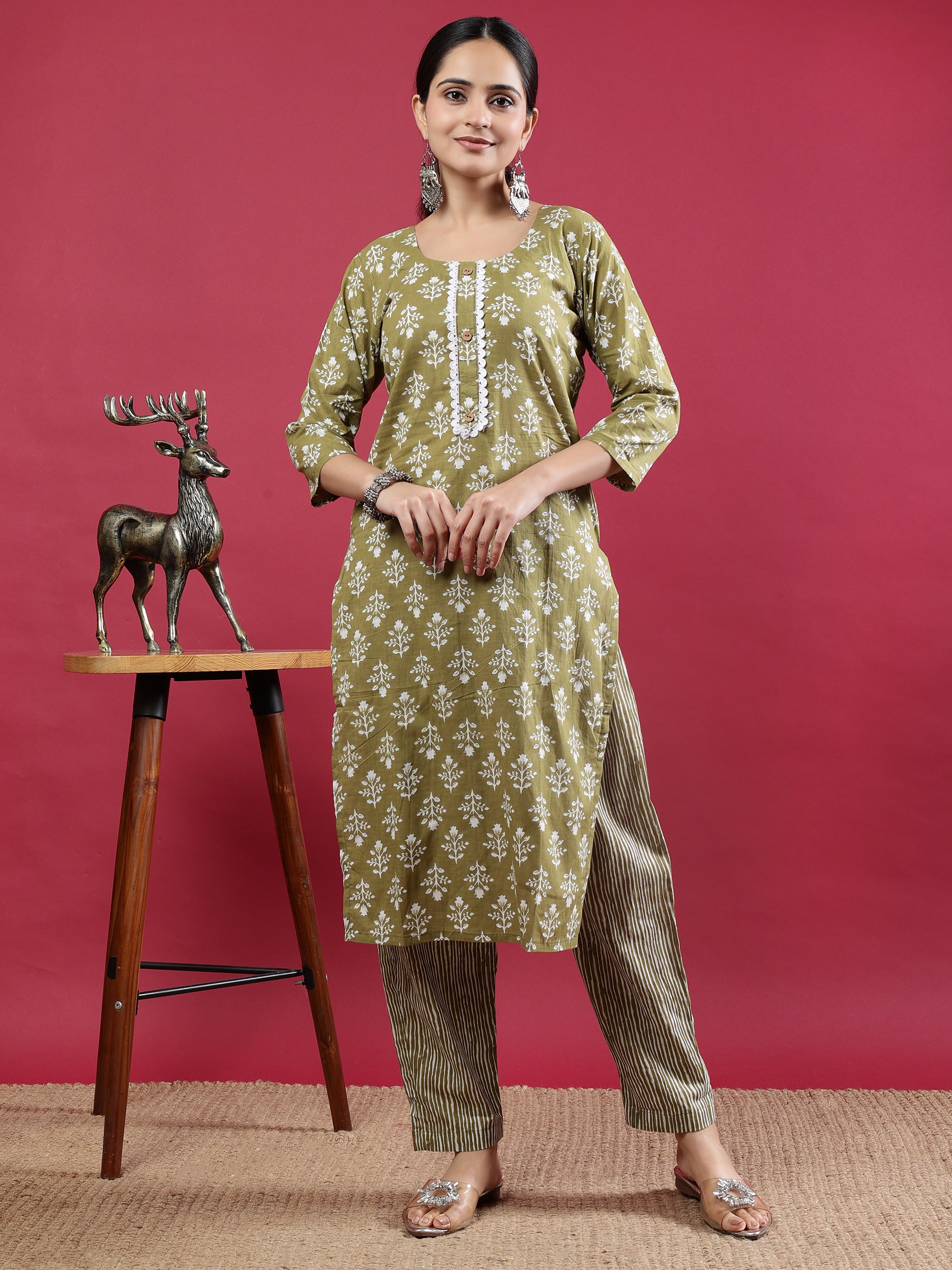 Green Printed Rayon Kurta Set with Striped Pants