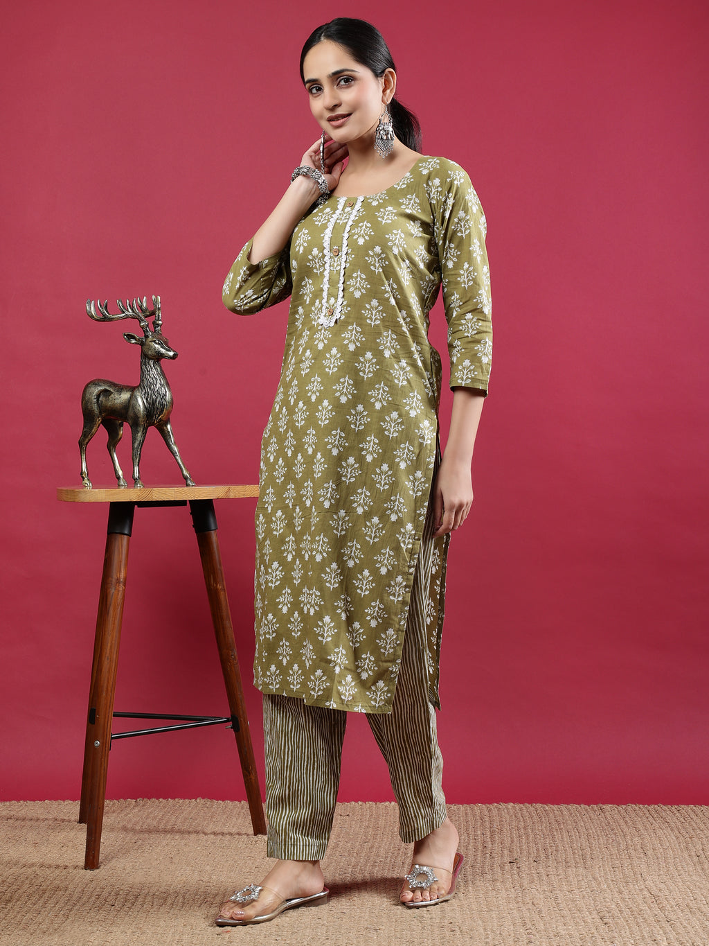 Green Printed Rayon Kurta Set with Striped Pants