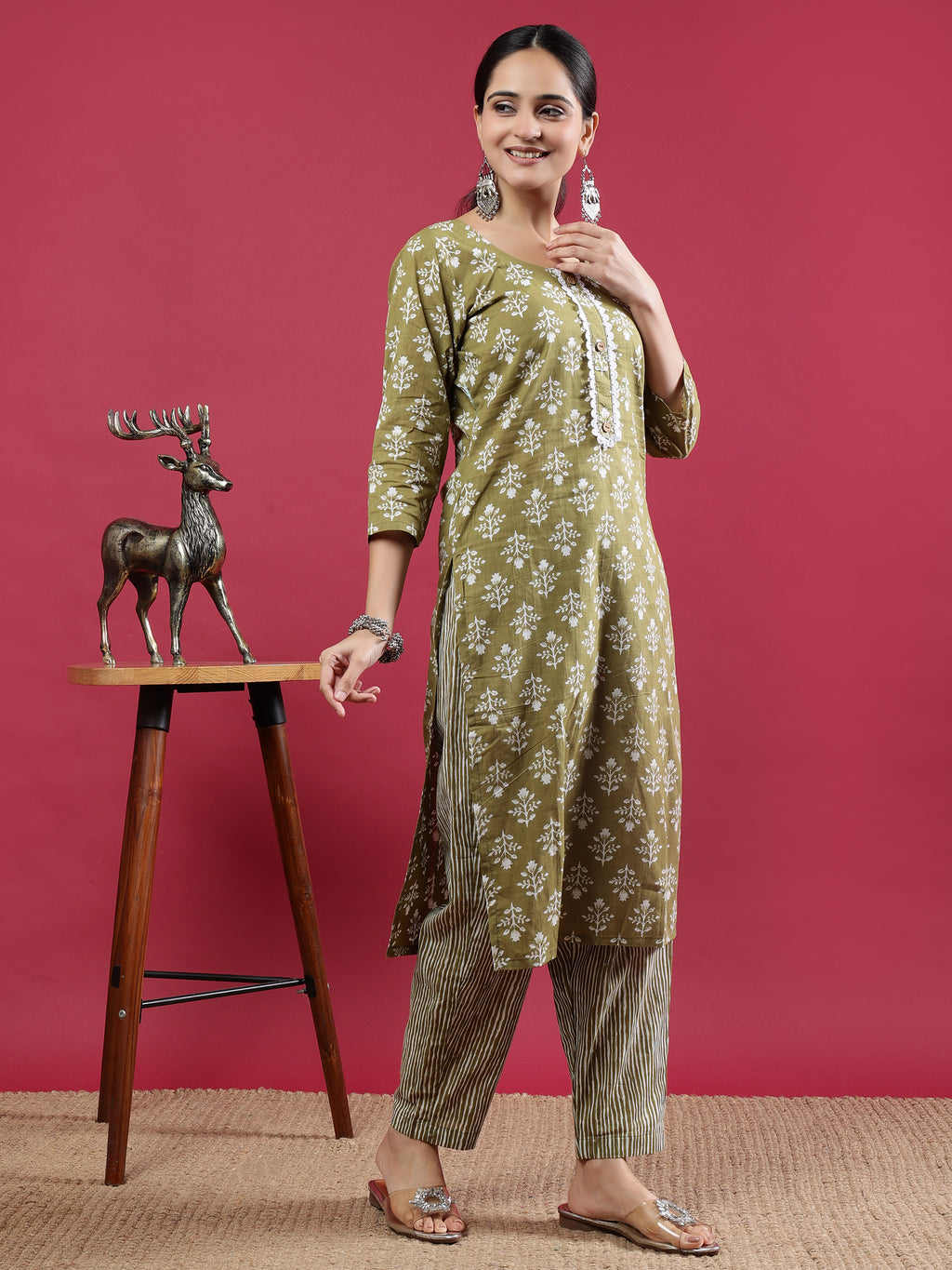 Green Printed Rayon Kurta Set with Striped Pants Green Rayon