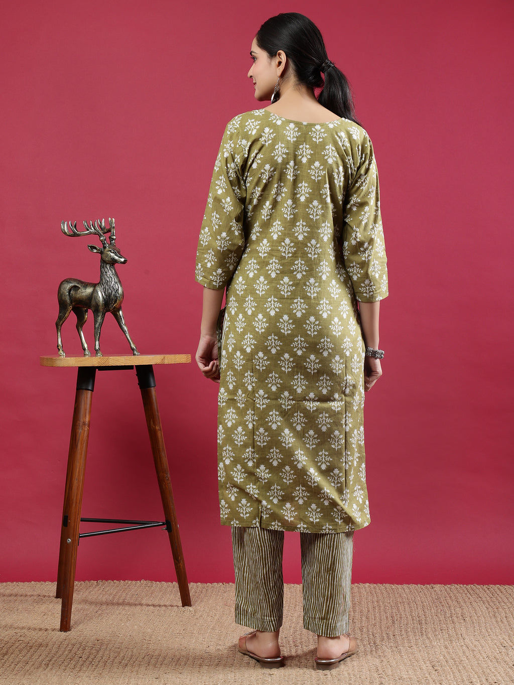Green Printed Rayon Kurta Set with Striped Pants