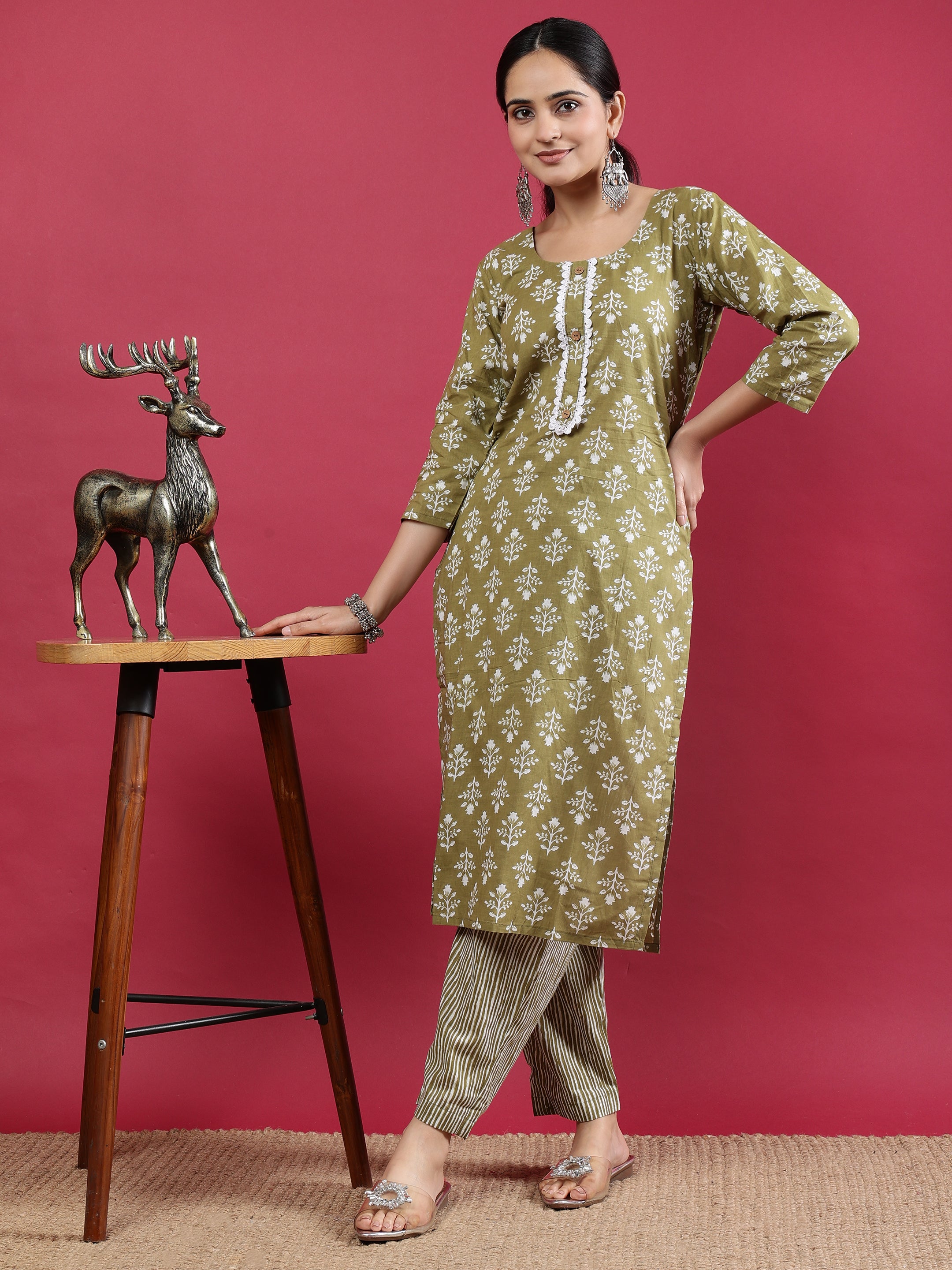 Green Printed Rayon Kurta Set with Striped Pants