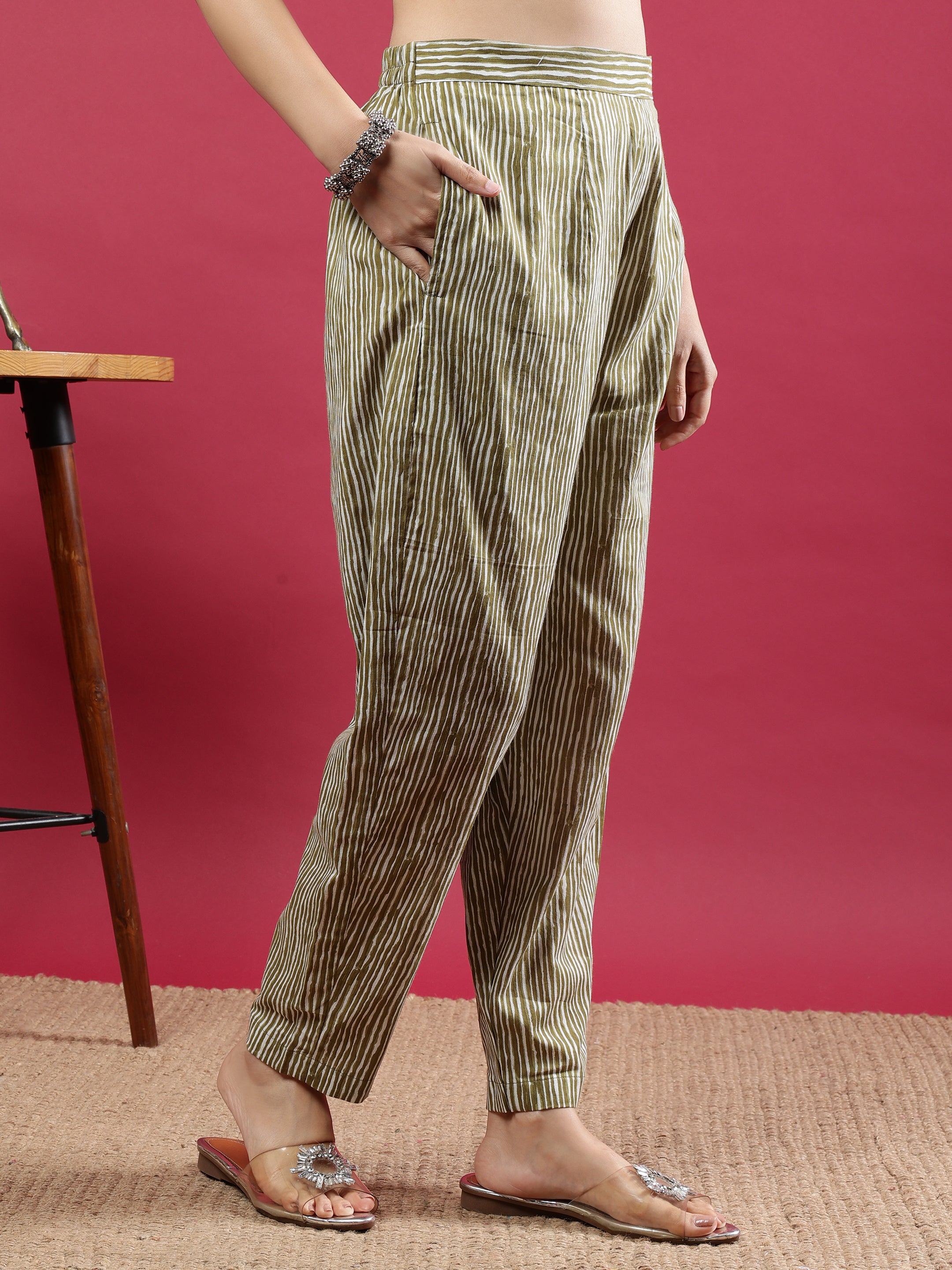 Green Printed Rayon Kurta Set with Striped Pants