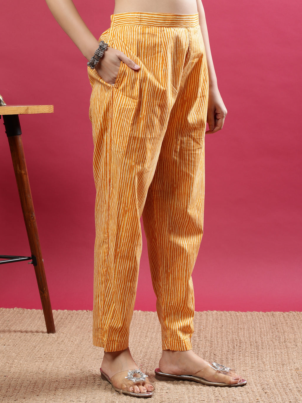 Mustard Blue Printed Rayon Kurta Set with Striped Pants