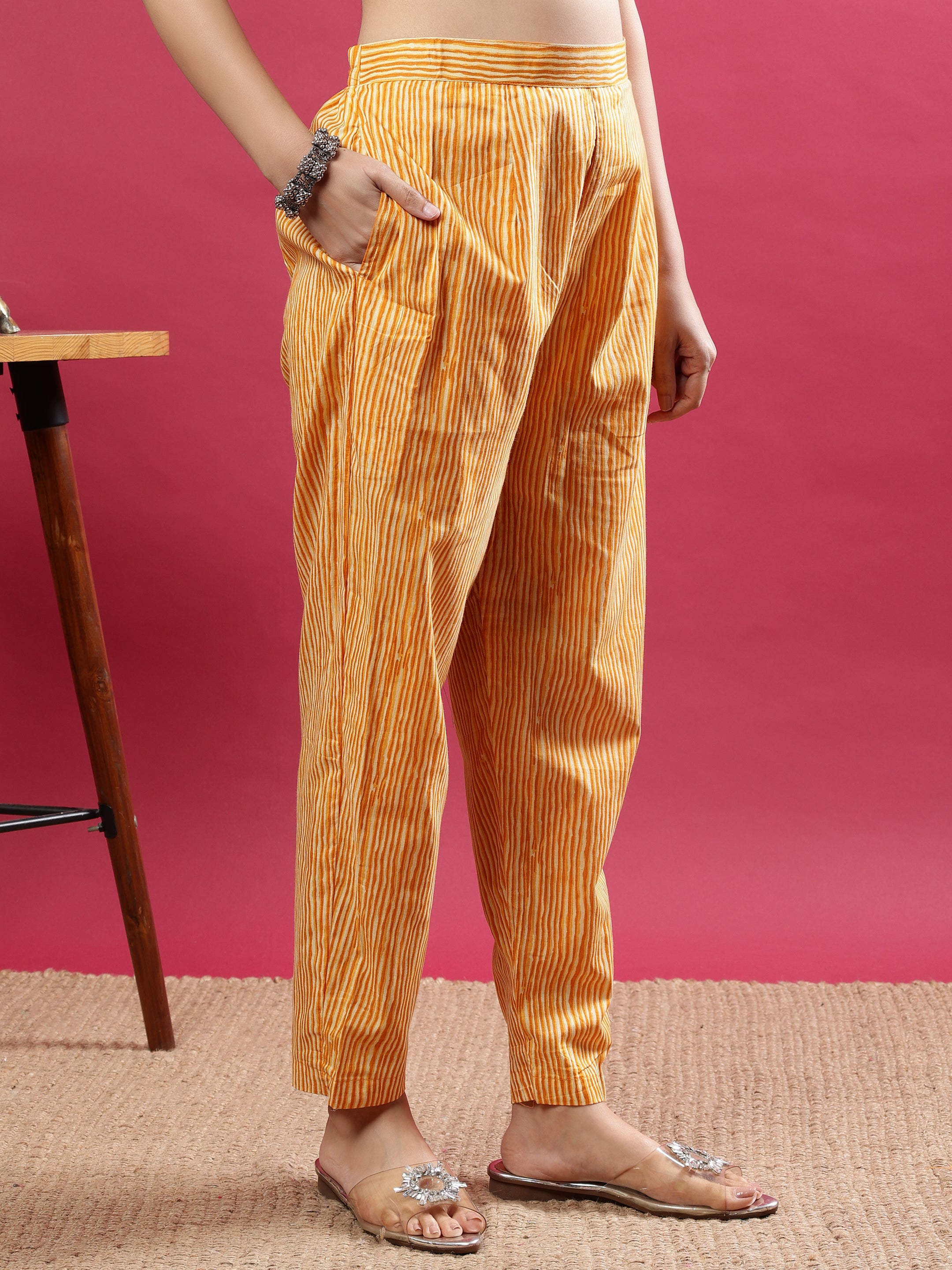 Mustard Blue Printed Rayon Kurta Set with Striped Pants