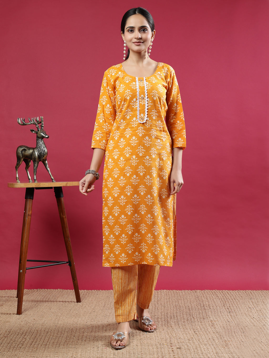 Mustard Blue Printed Rayon Kurta Set with Striped Pants Mustard Rayon
