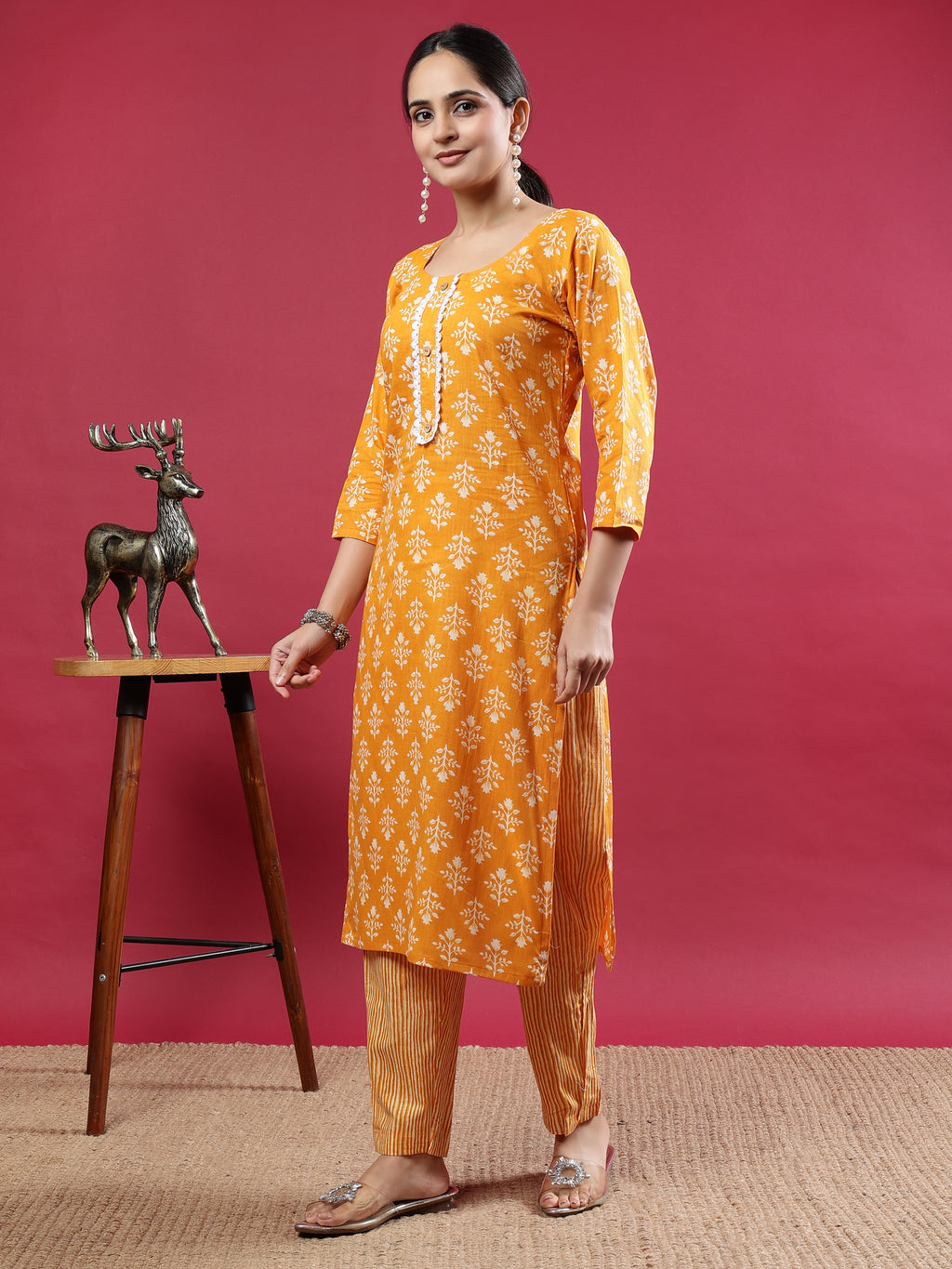 Mustard Blue Printed Rayon Kurta Set with Striped Pants