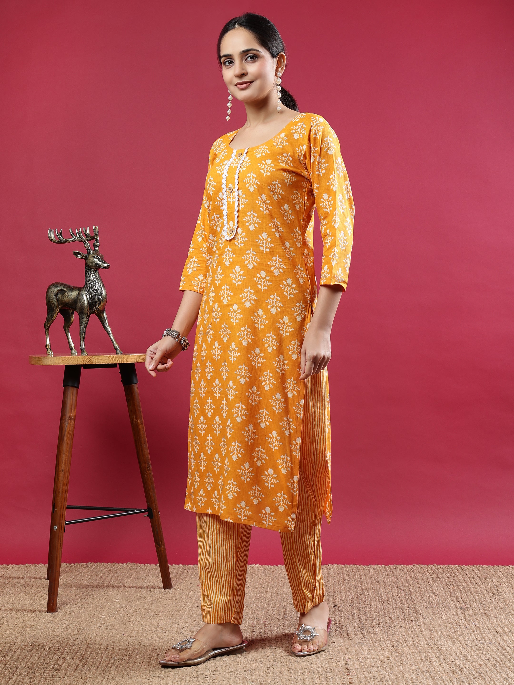 Mustard Blue Printed Rayon Kurta Set with Striped Pants