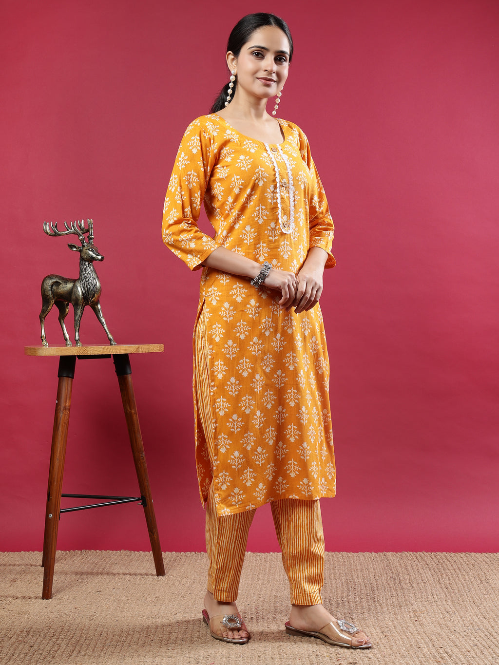 Mustard Blue Printed Rayon Kurta Set with Striped Pants