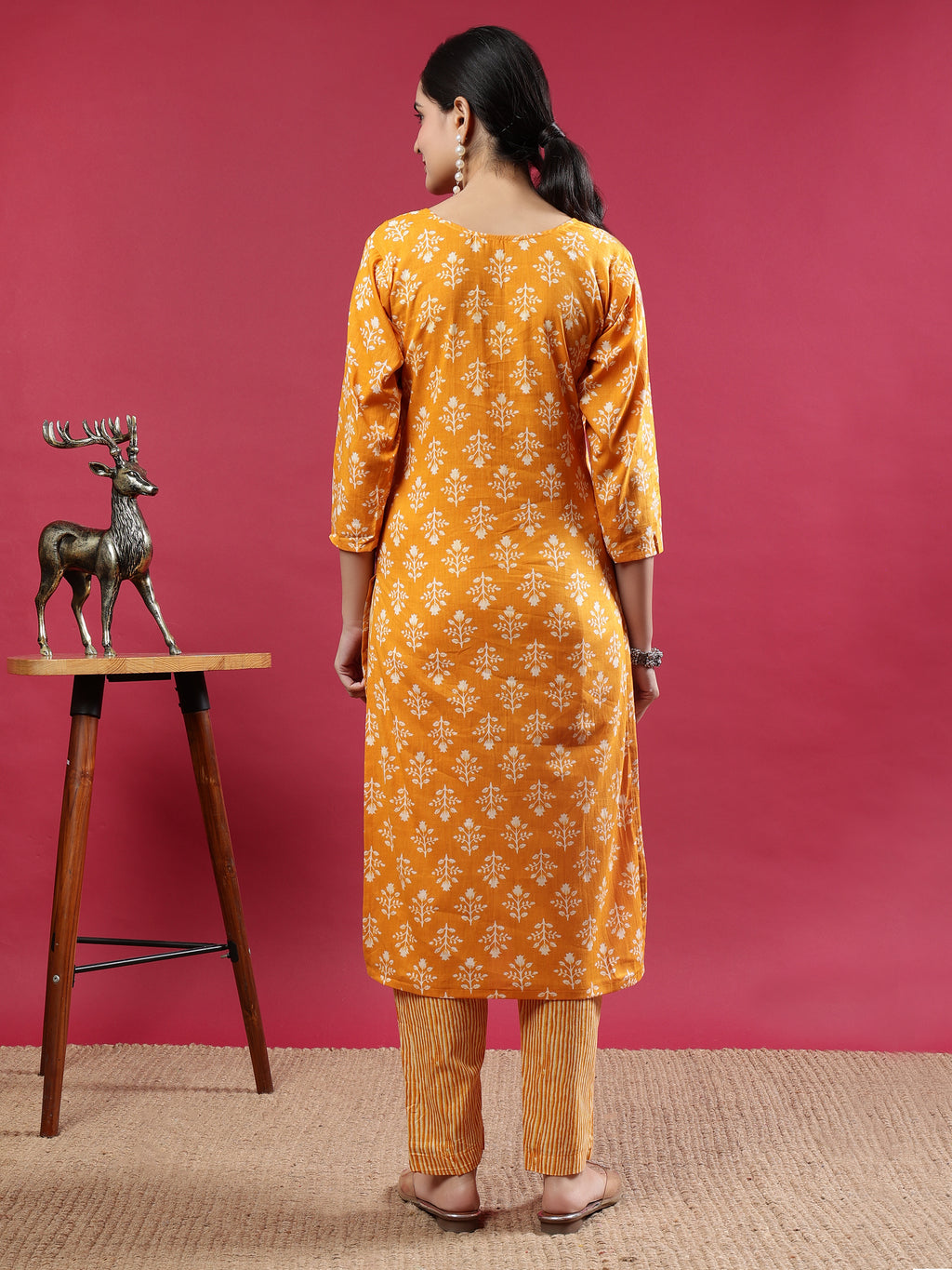 Mustard Blue Printed Rayon Kurta Set with Striped Pants