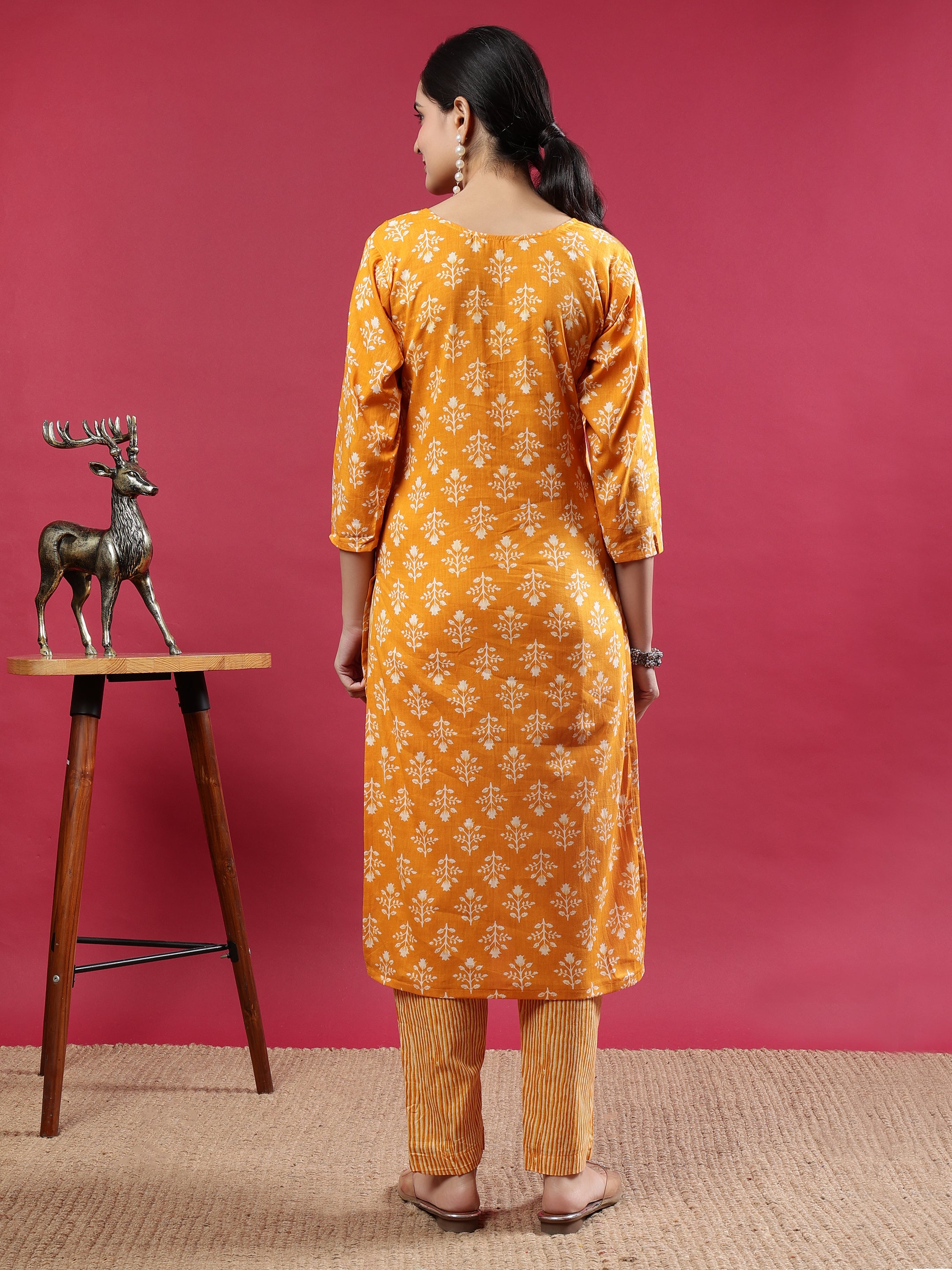 Mustard Blue Printed Rayon Kurta Set with Striped Pants