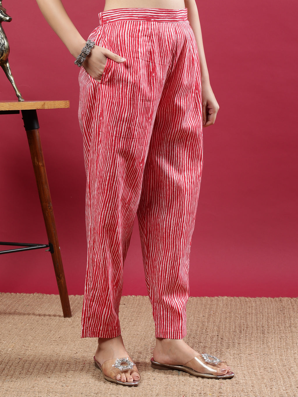 Pink Printed Rayon Kurta Set with Striped Pants