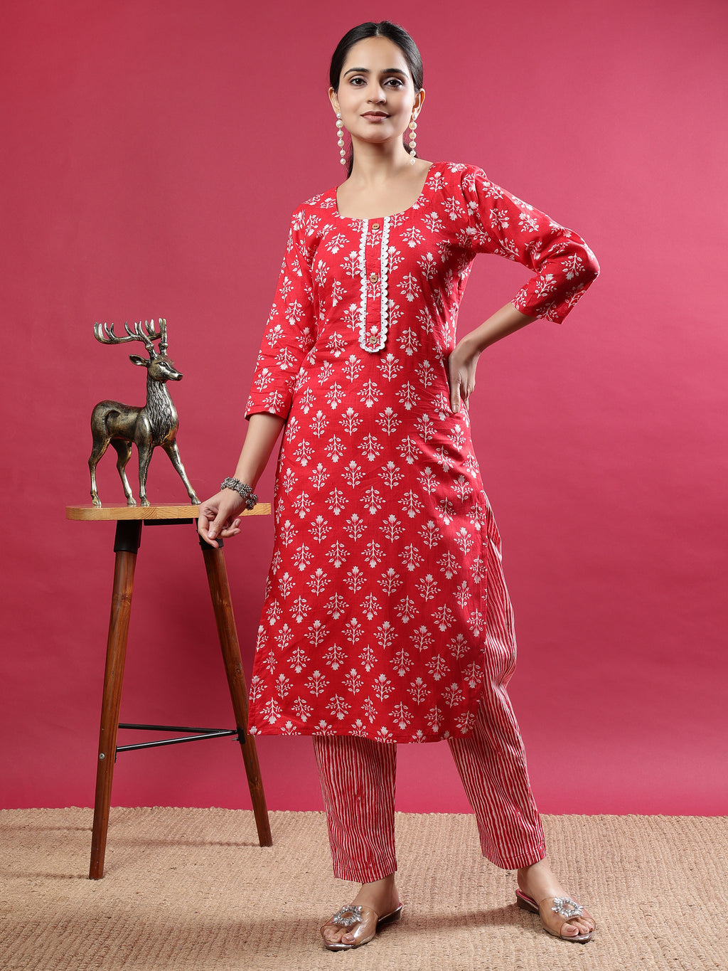 Pink Printed Rayon Kurta Set with Striped Pants Pink Rayon