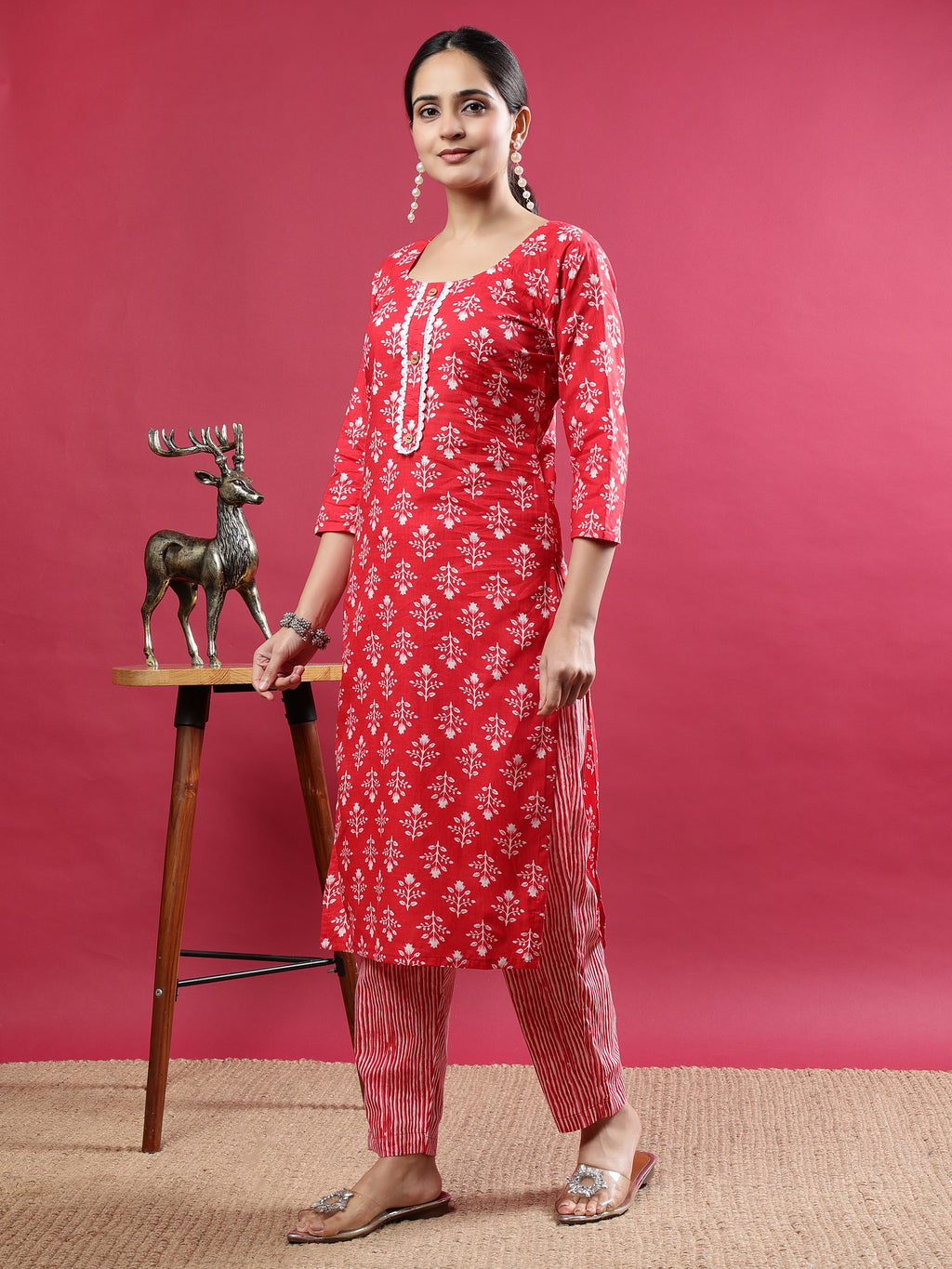 Pink Printed Rayon Kurta Set with Striped Pants